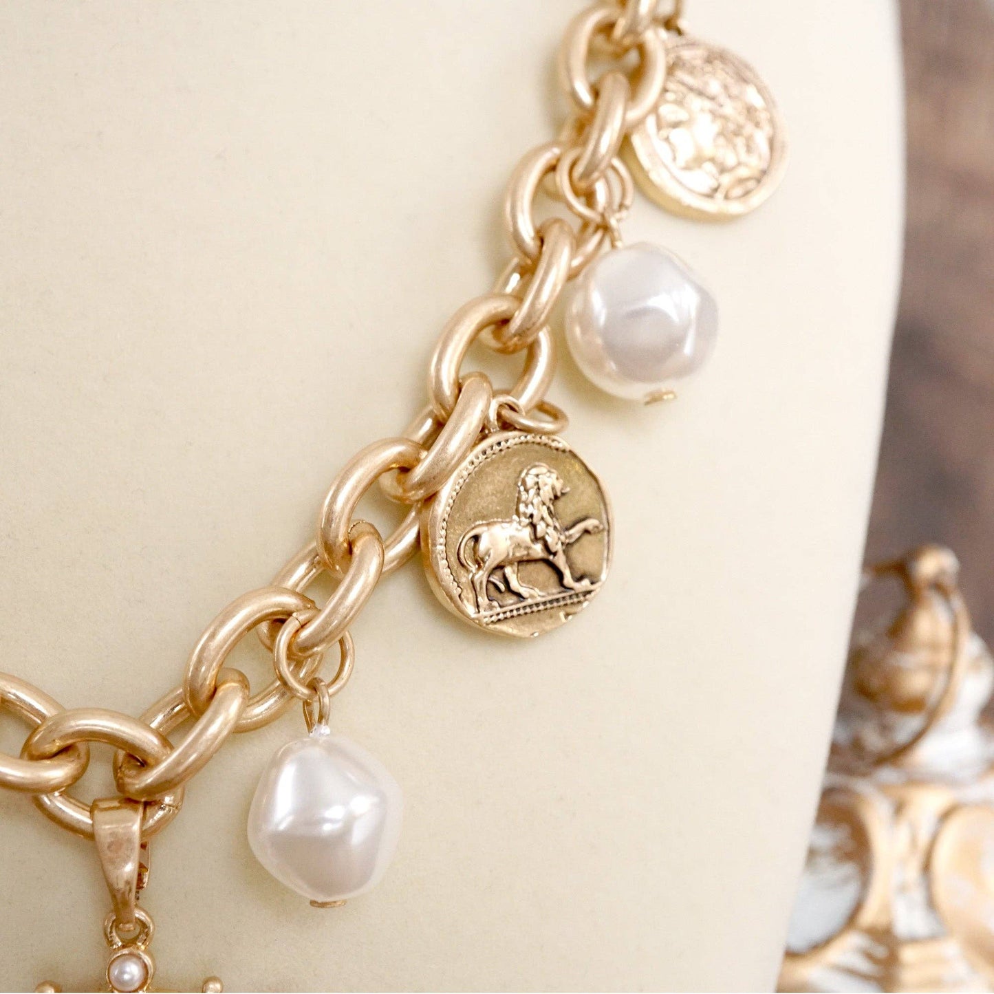Boho Coin and Pearl Charms Statement Necklace – Gold and Silver Tone: Silver