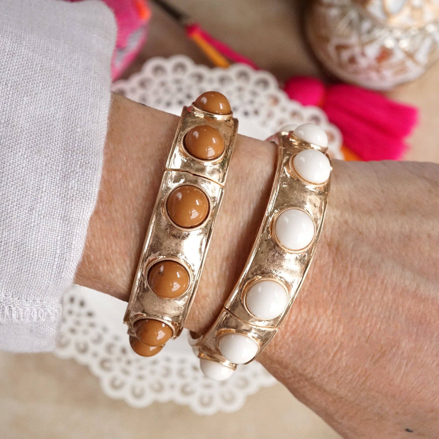 Eternity Statement Bangle Gold Tone Cream Orange Brown Pink Black Turquoise Pearl: Pearl