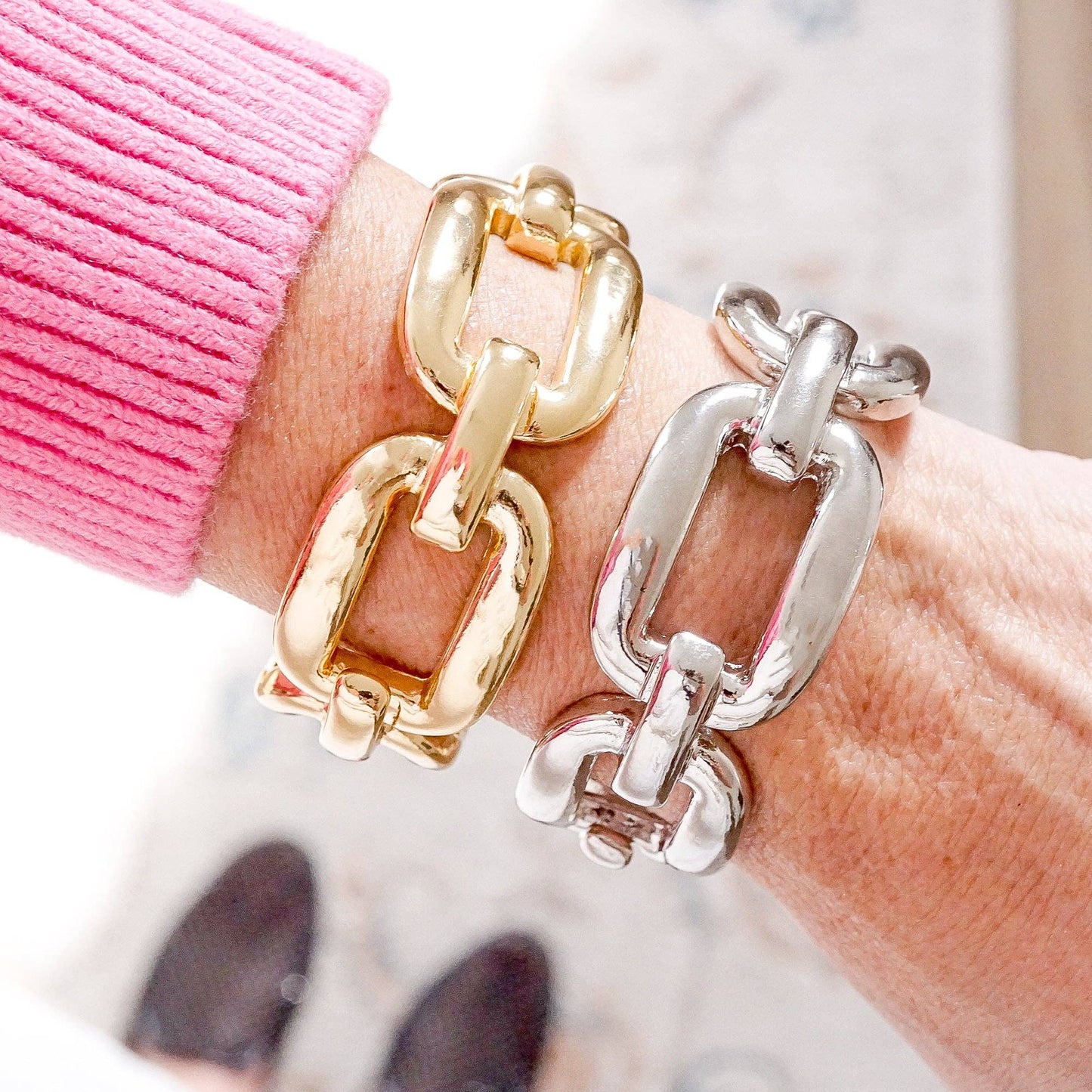 Chunky Chain Statement Stretchy Bangle Bracelet in gold or silver tone: Gold Tone