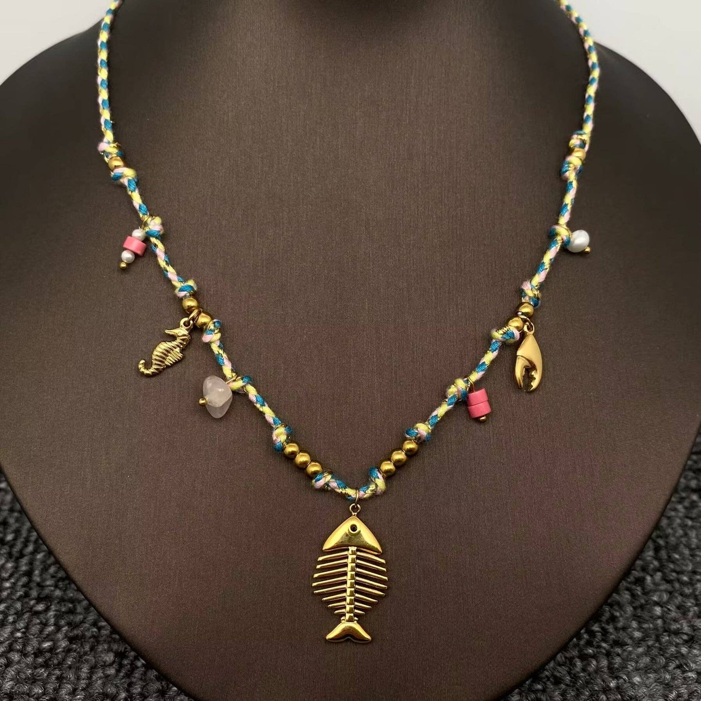 18K Golden SS Fishbone Charm Colored Rope Necklace - FGS