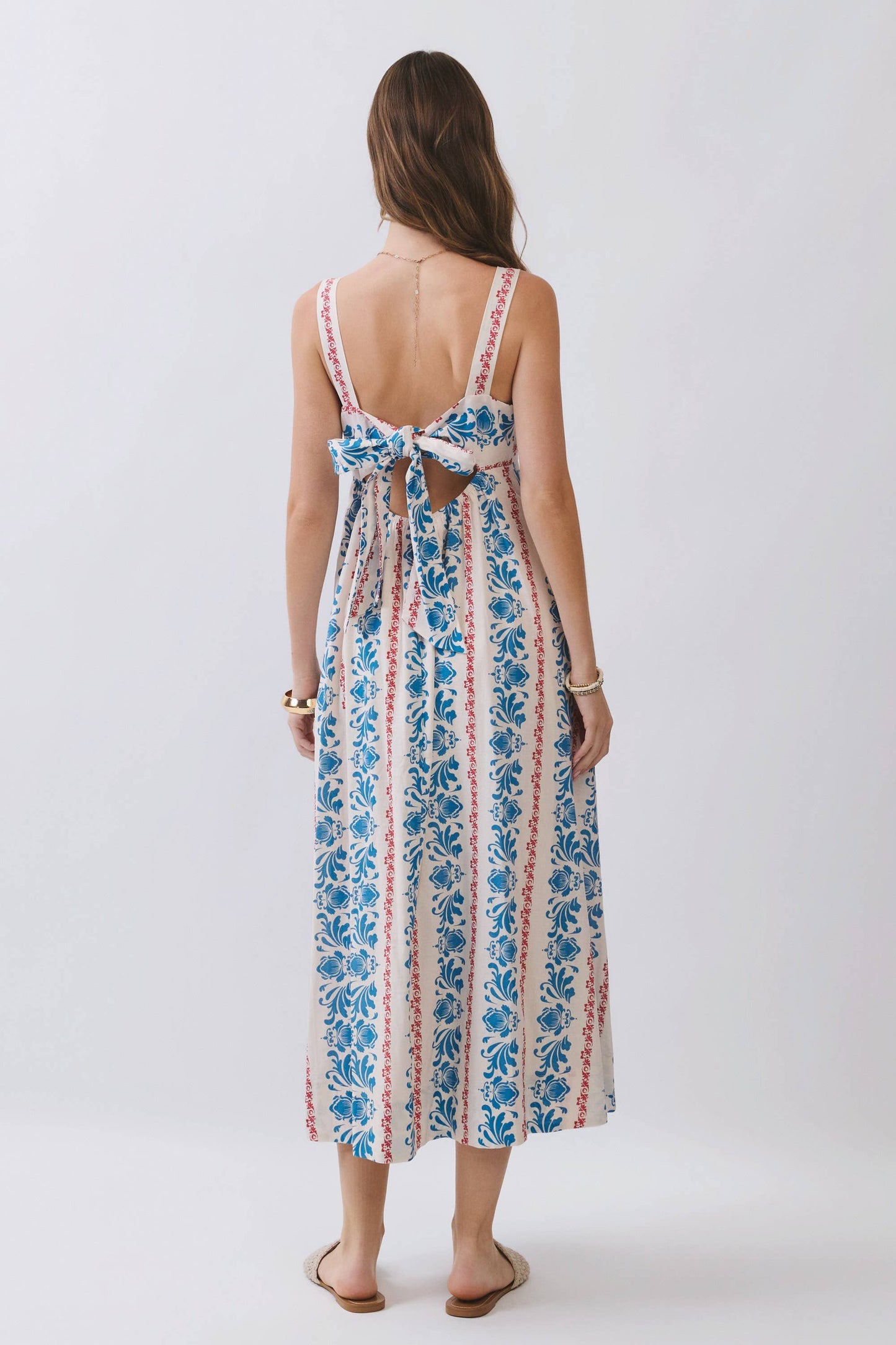 CD07119-Floral Stripe Print Square Neck Midi Dress : Blue / S