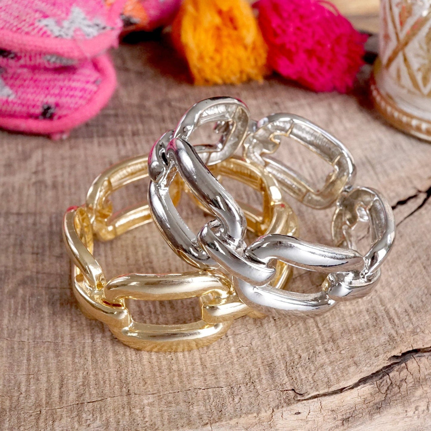 Chunky Chain Statement Stretchy Bangle Bracelet in gold or silver tone: Gold Tone