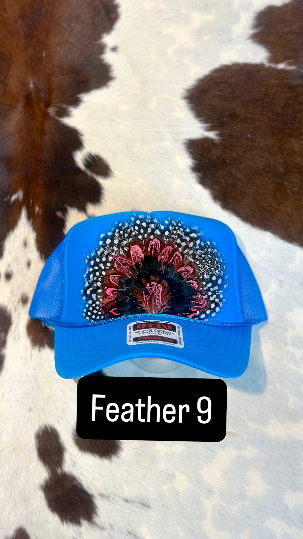 FEATHER TRUCKER HAT BRIGHT BLUE: No Faux Turquoise / Feather 7