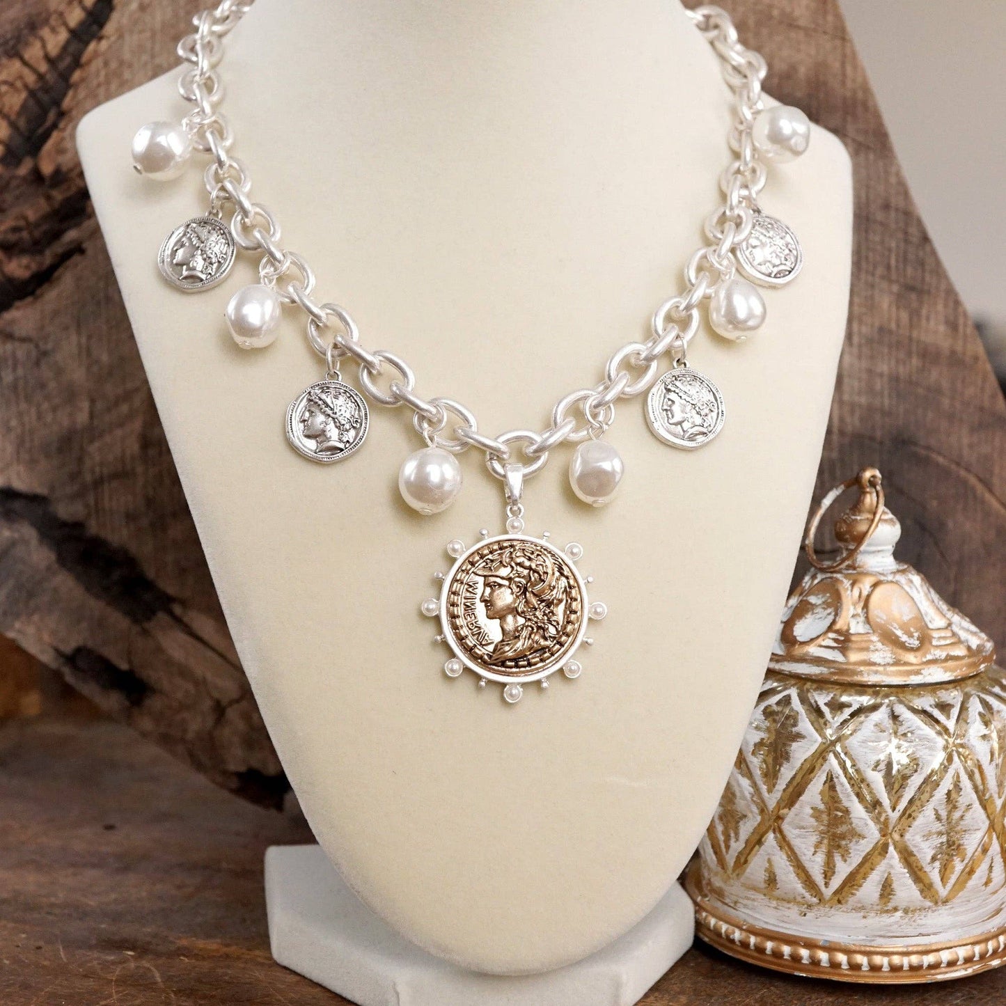 Boho Coin and Pearl Charms Statement Necklace – Gold and Silver Tone: Silver