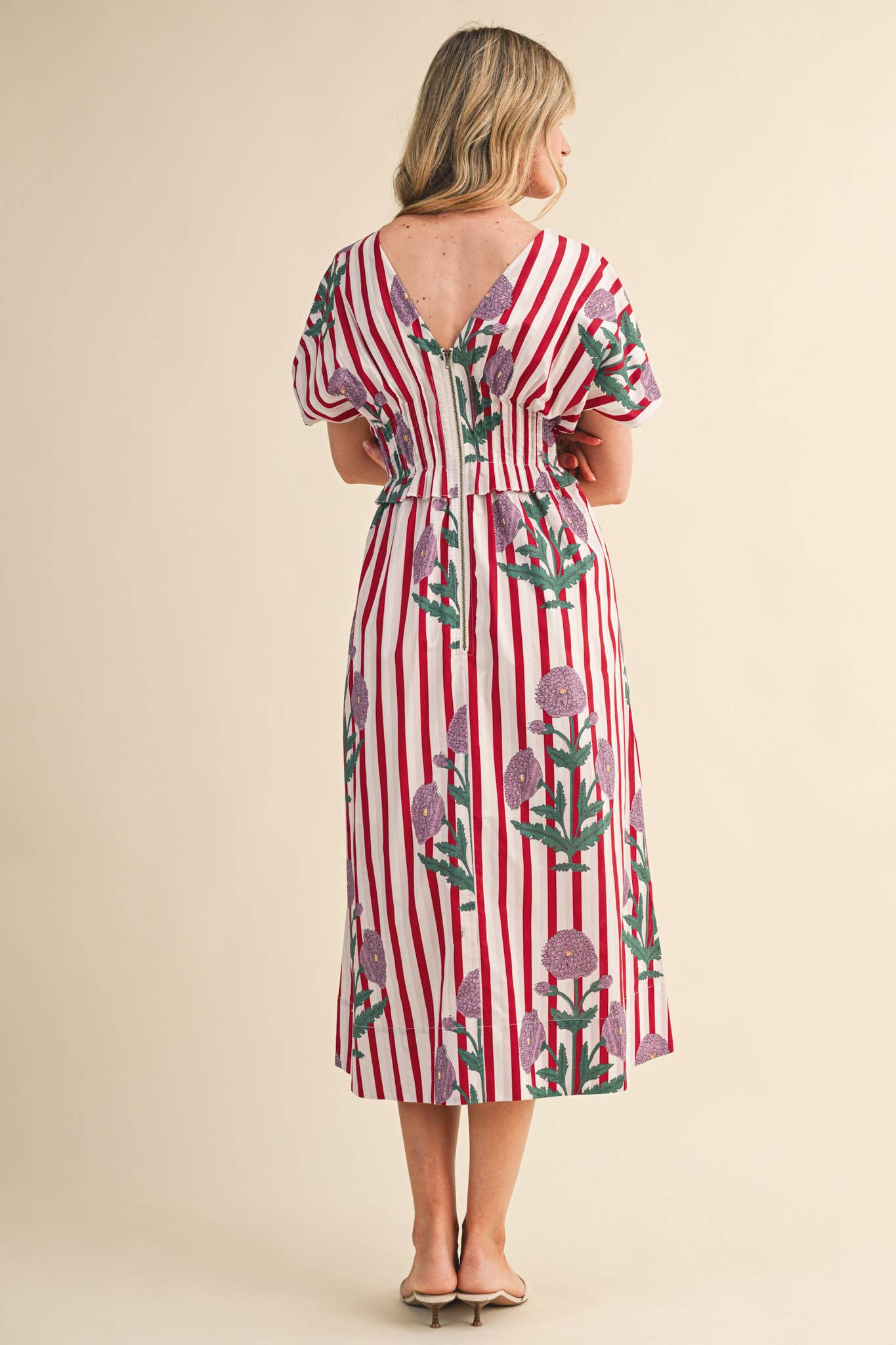 STRIPED FLORAL PIN TUCK WAIST MIDI DRESS MDR4787: BLUE FLORAL STRIPE / L