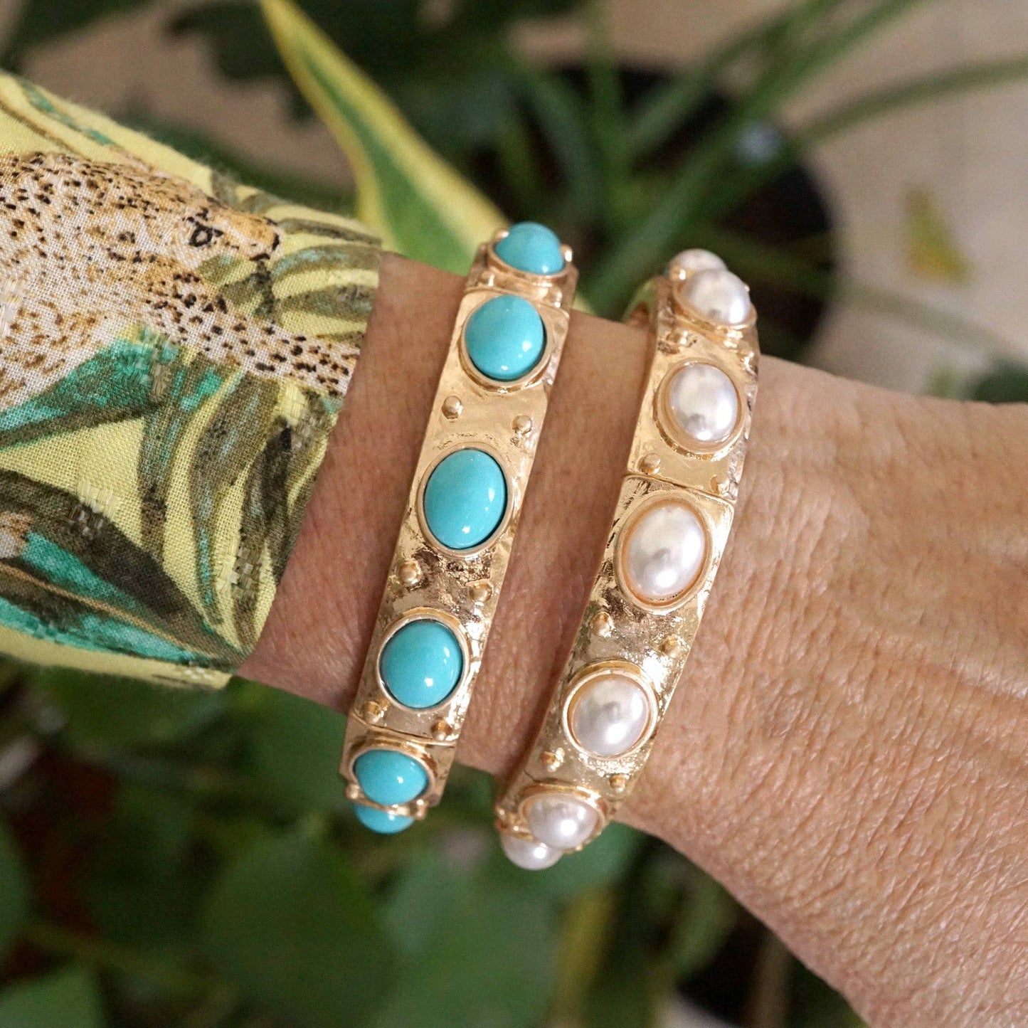 Classic Golden Stretchy Bangles – Pearl or Turquoise Accents: Turquoise