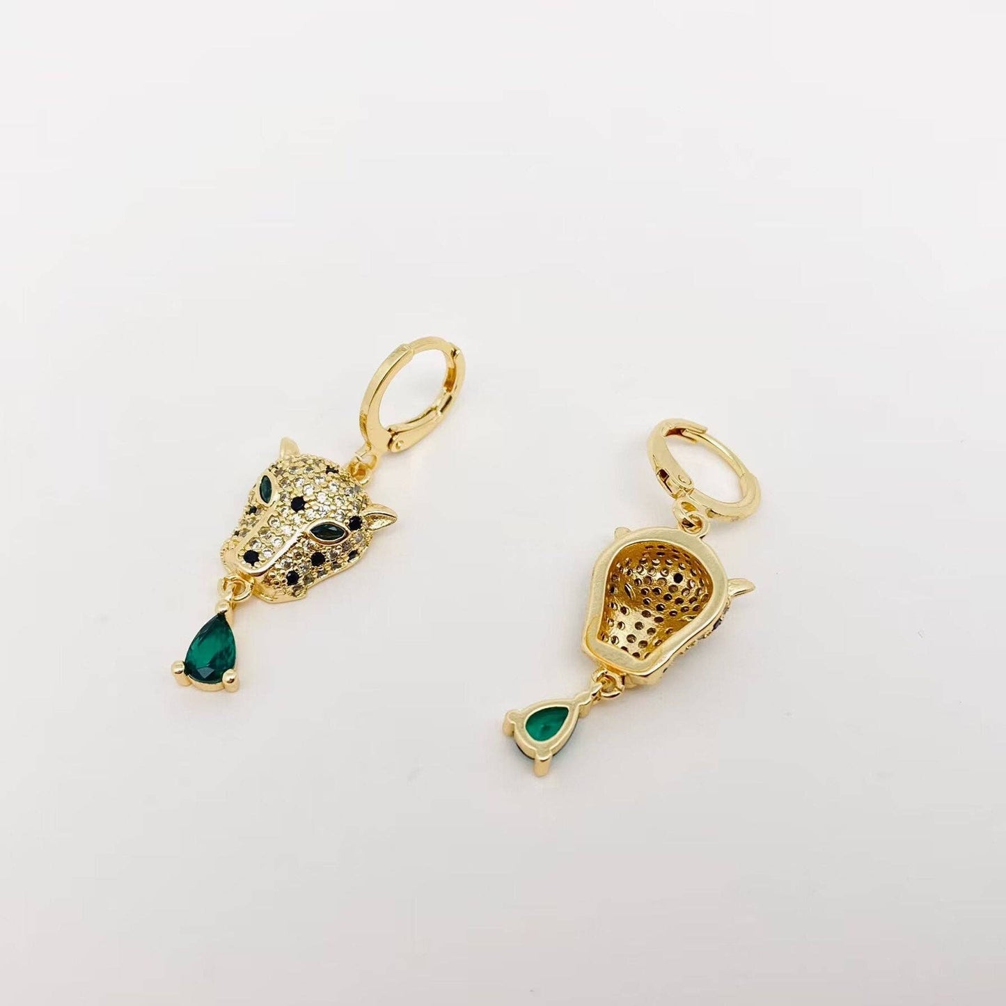 Green Eye Cubic Zirconia Gold Leopard Head Huggie Earrings