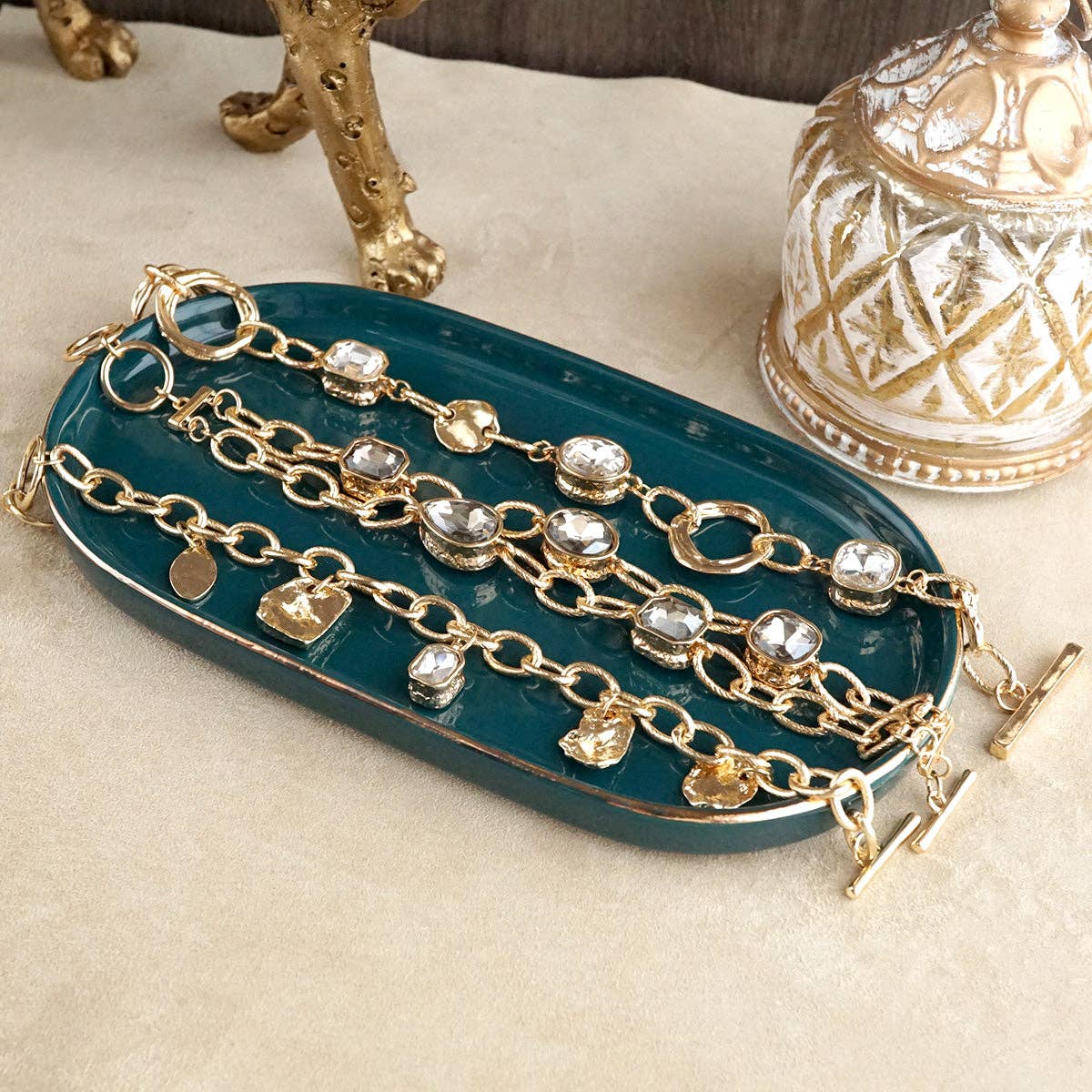 Brilliant Bond – Statement Chain Bracelets with Reflective Crystals: Double strand - Gray crystals