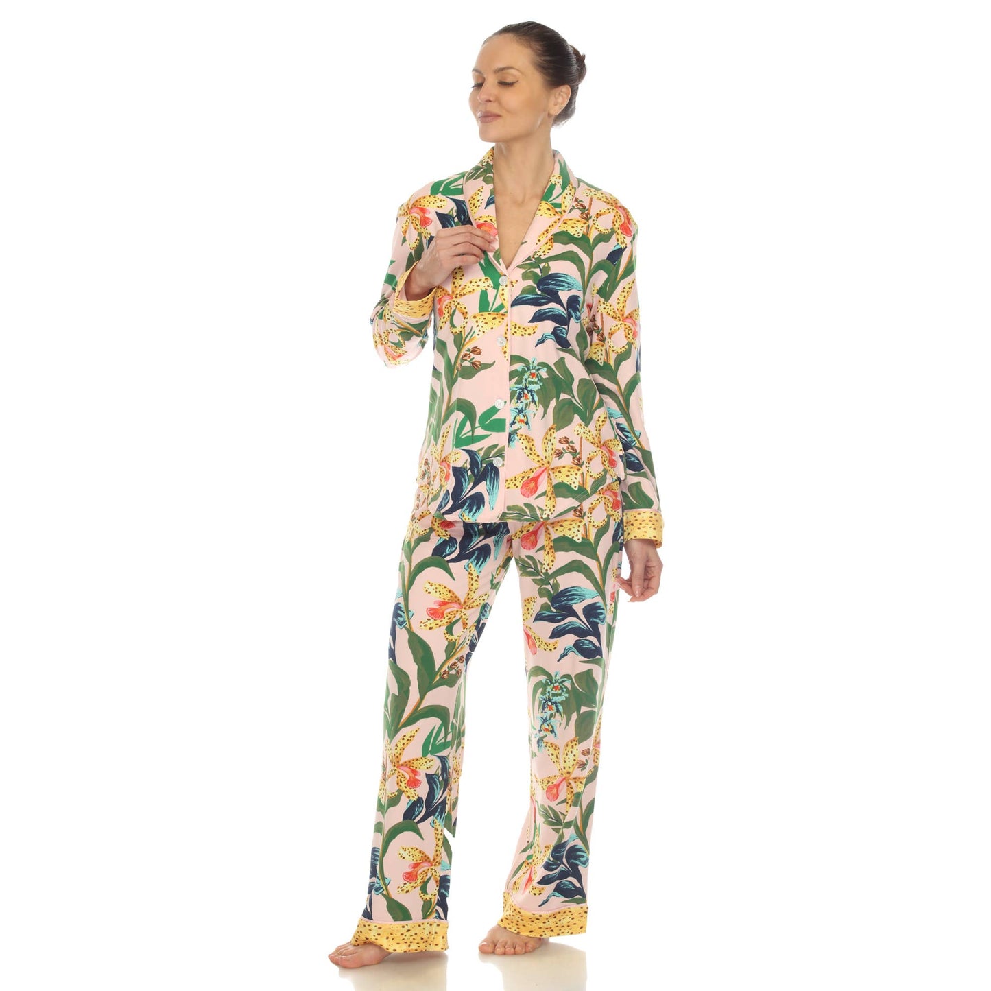 Women's Two Piece Wildflower Print Pajama Set: Navy / XL