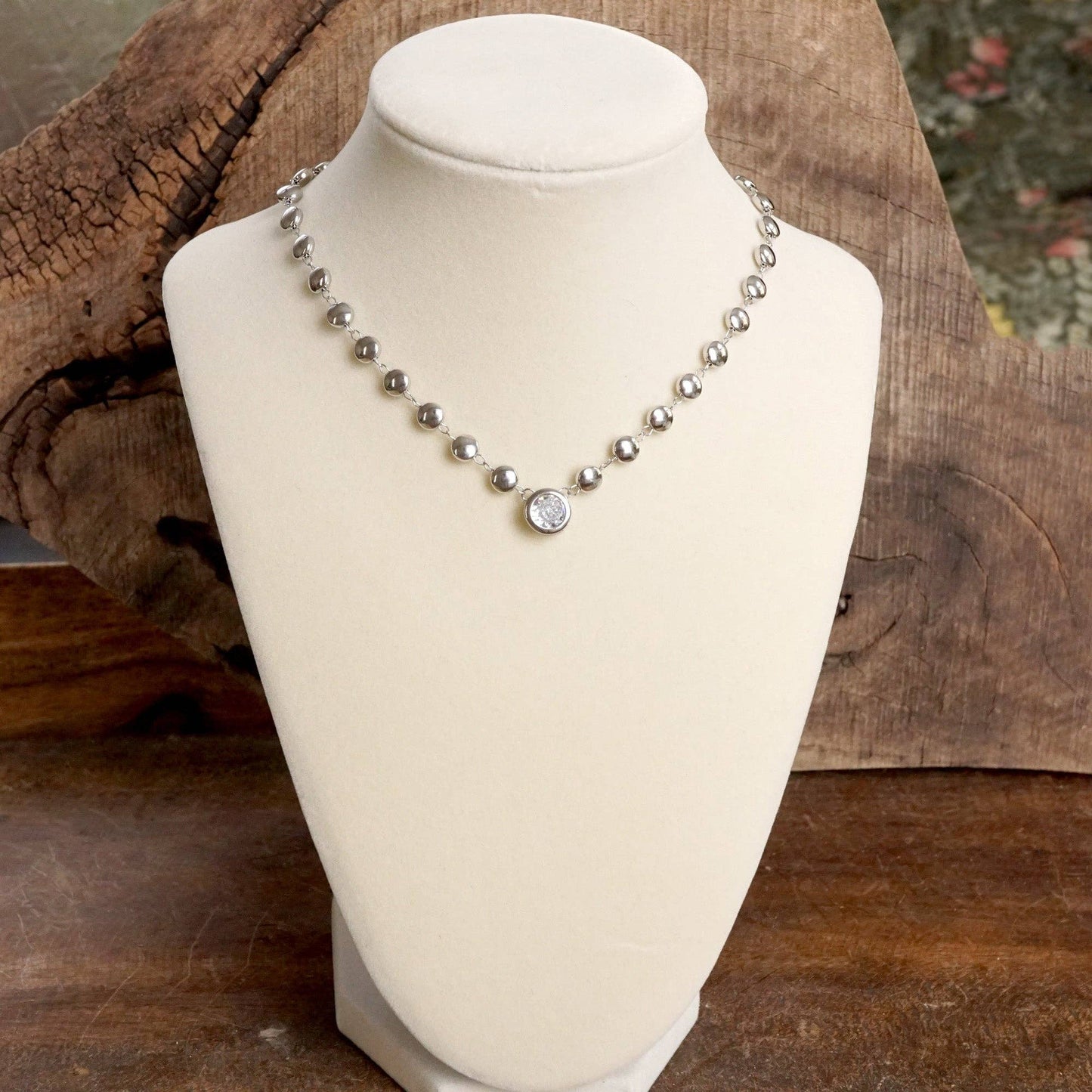 Clear Crystal Bezel Pendant Dot Chain Neckline Necklace: Silver Tone