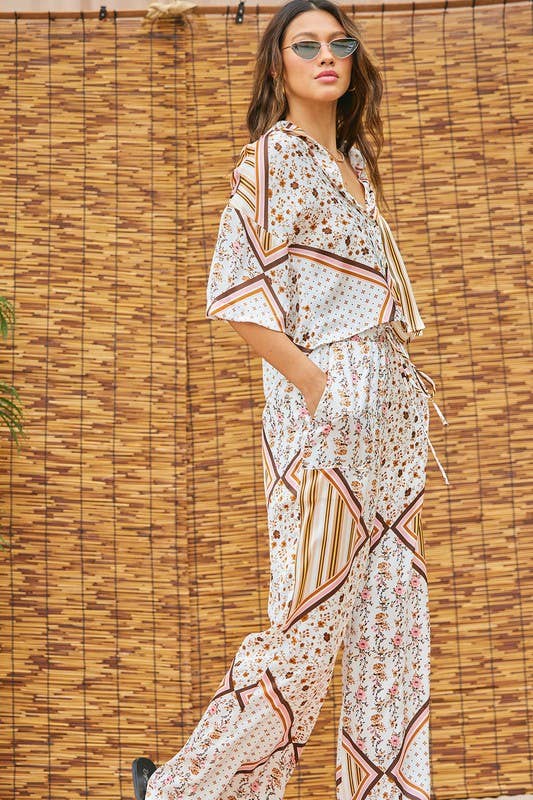 Printed Satin Top And Pants Set: Ivory Multi / M
