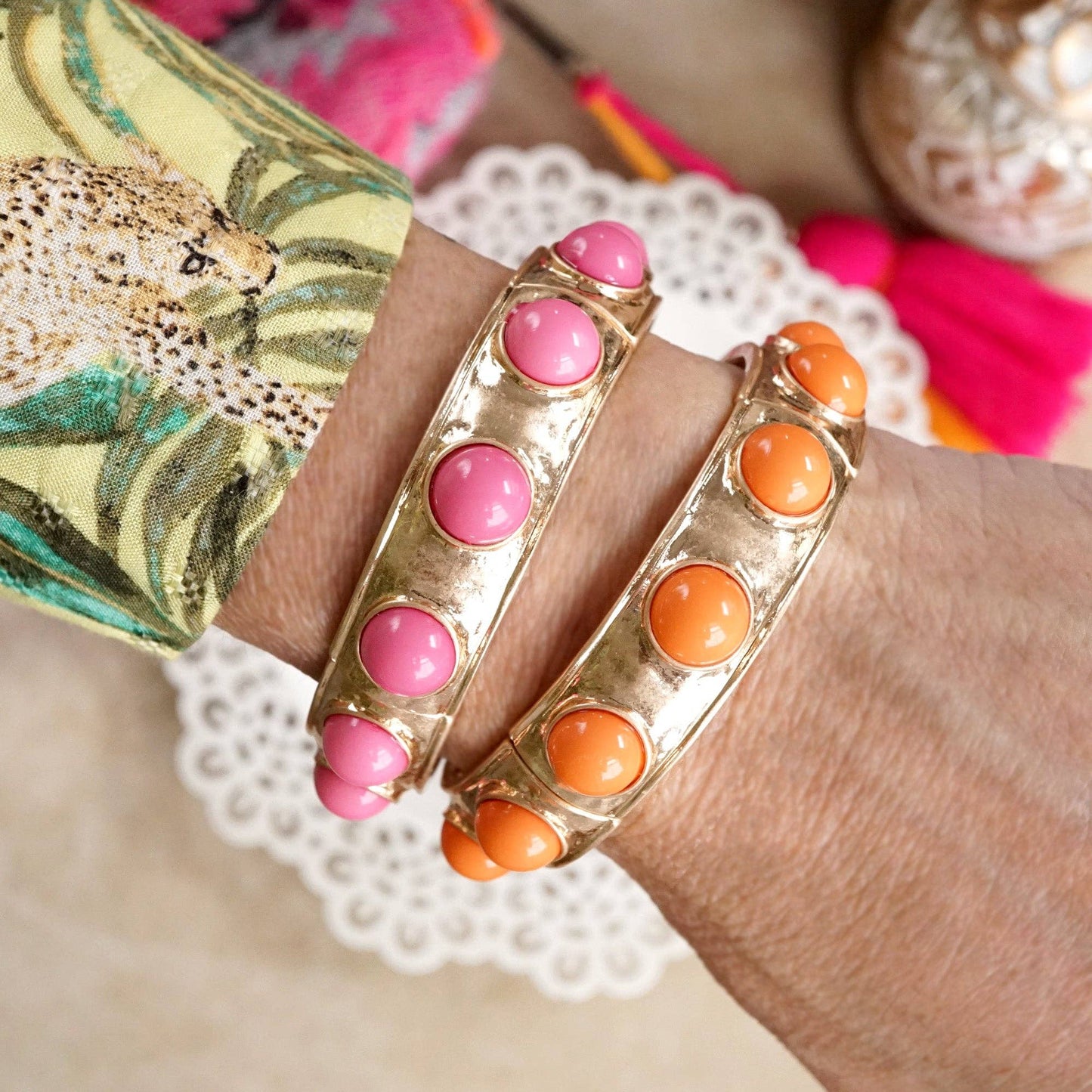 Eternity Statement Bangle Gold Tone Cream Orange Brown Pink Black Turquoise Pearl: Pearl