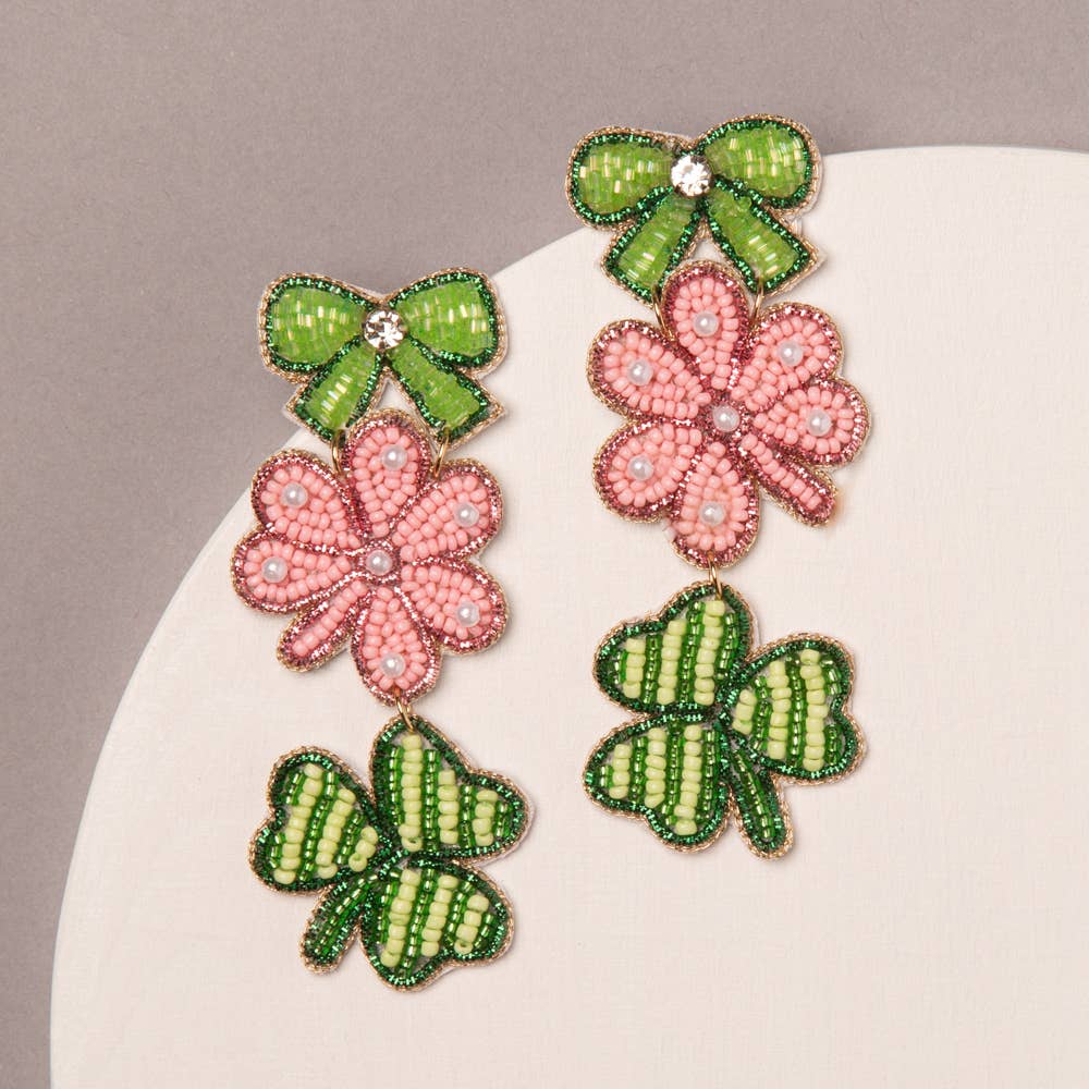Shamrock Earrings with Pink Clover and Bow