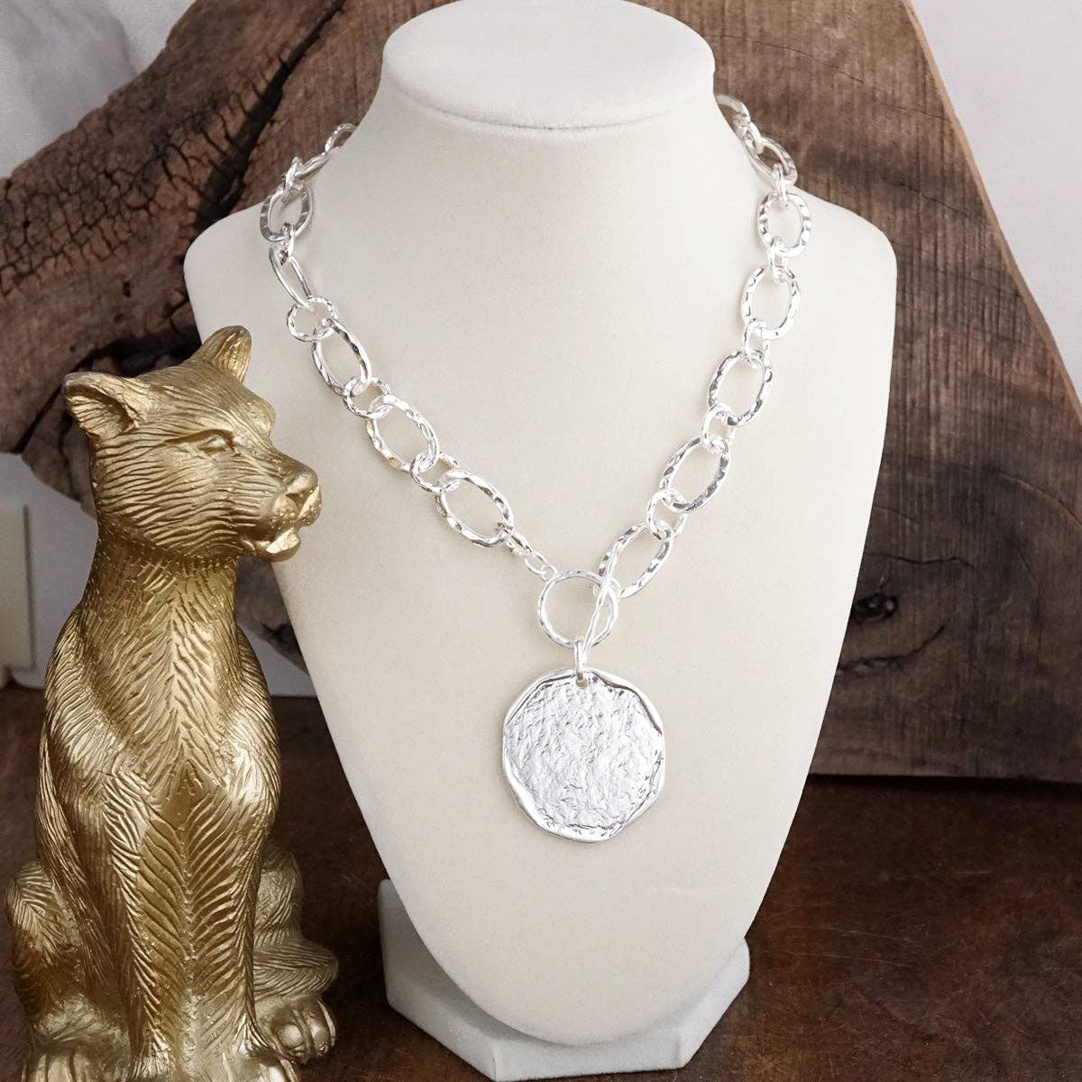 Nomad Glow – Front Toggle Statement Necklace with Hammered Disc: Worn Silver Tone
