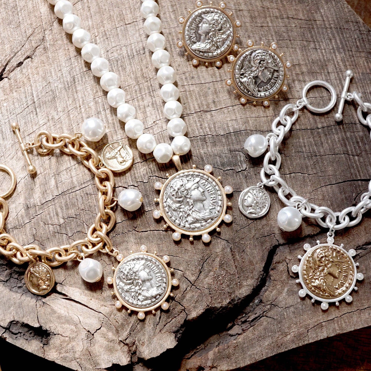 Boho Coin and Pearl Charms Statement Necklace – Gold and Silver Tone: Silver
