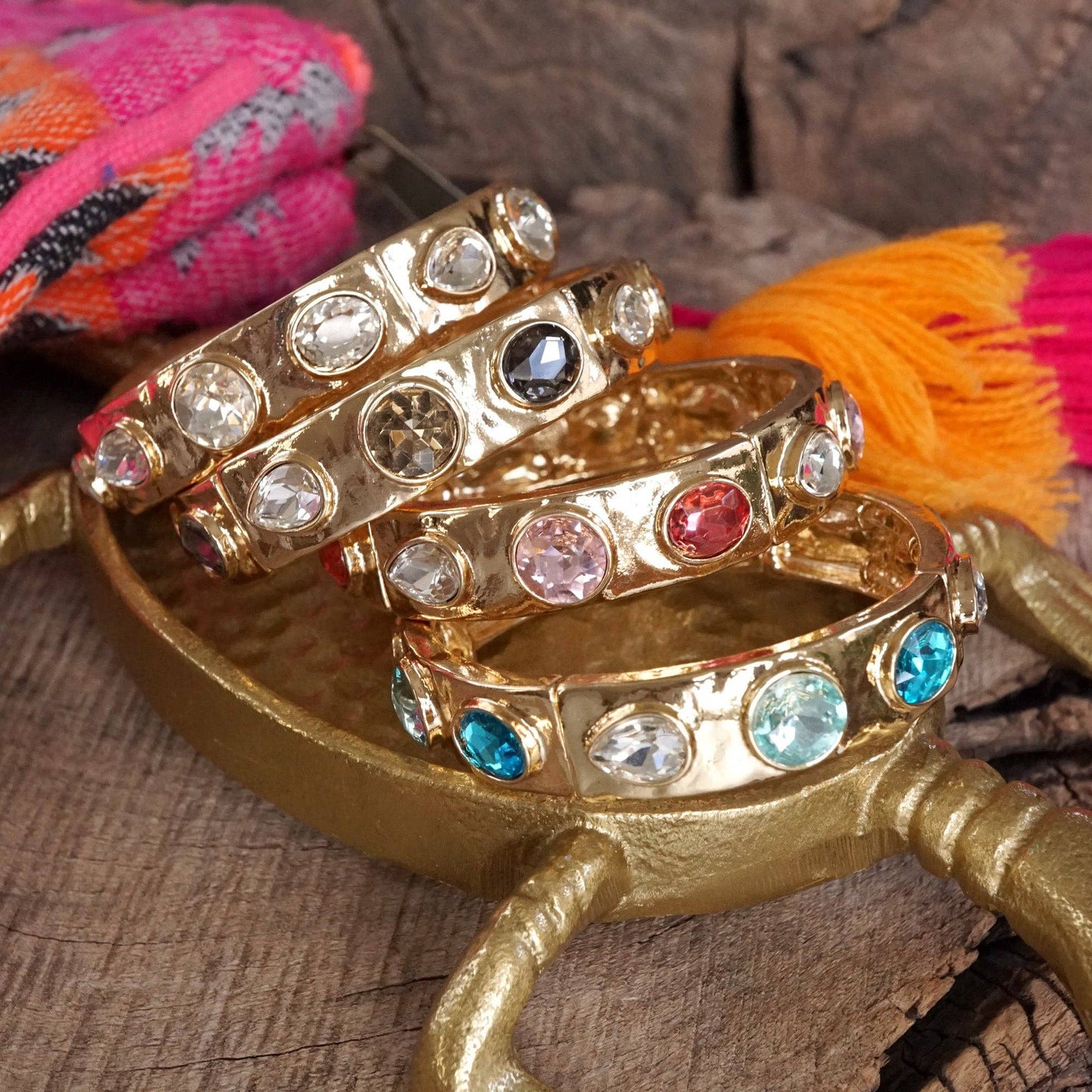 Sparkly Crystal Stretch Bangles – Gold Tone with Color Options: Neutrals