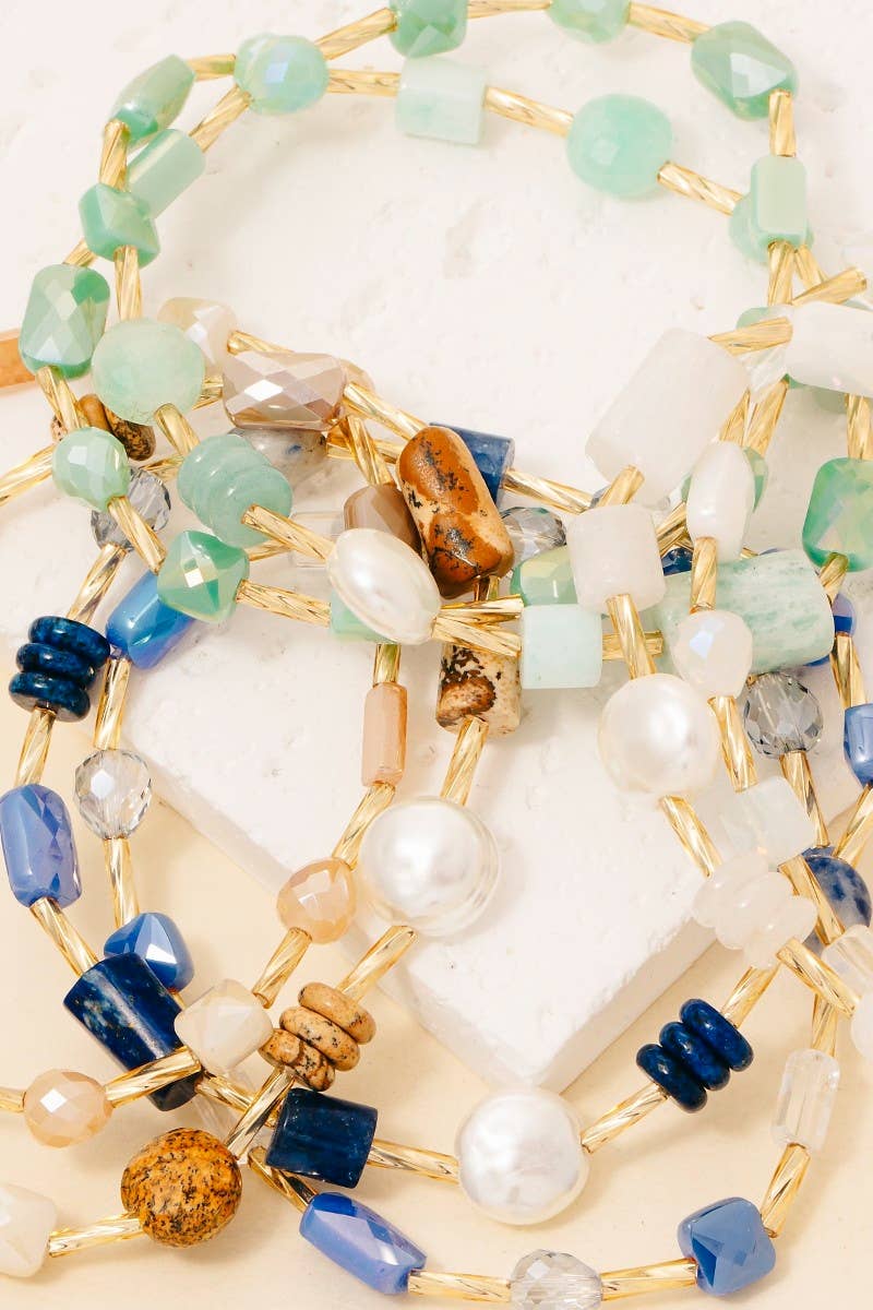 Stone And Metallic Beaded Bracelet Set: WT