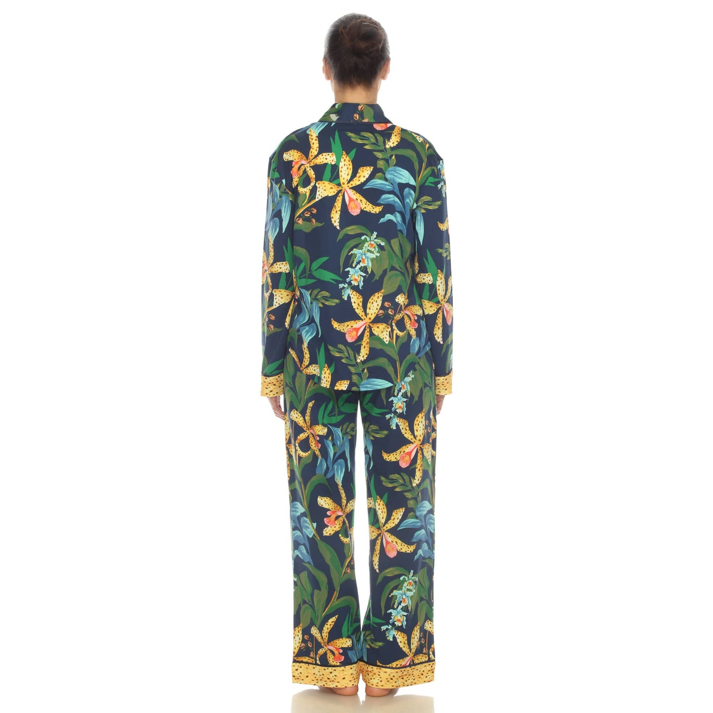 Women's Two Piece Wildflower Print Pajama Set: Navy / XL