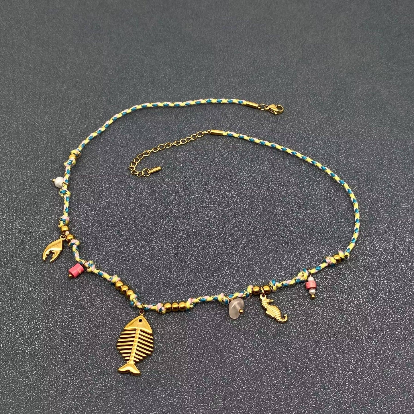 18K Golden SS Fishbone Charm Colored Rope Necklace - FGS