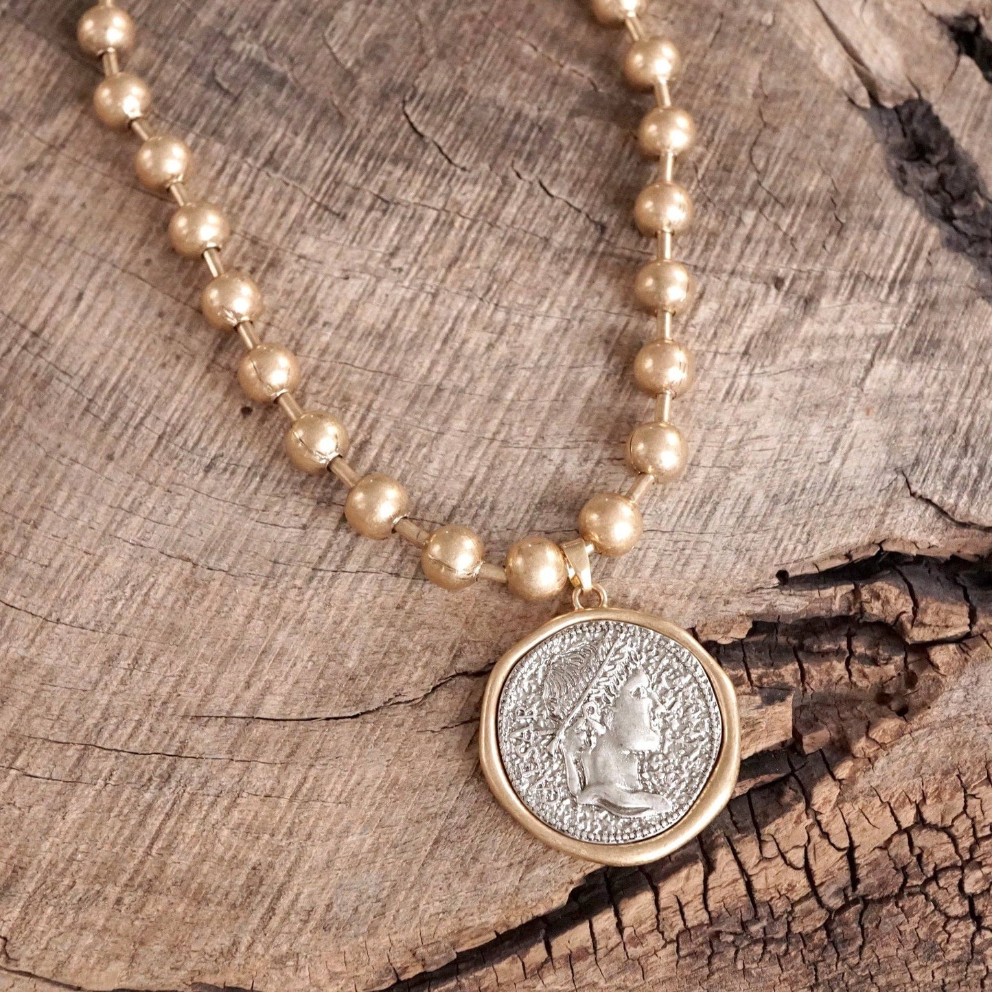 Coin Chunky Ball Chain Statement Necklace – Gold and Silver Tone: Gold