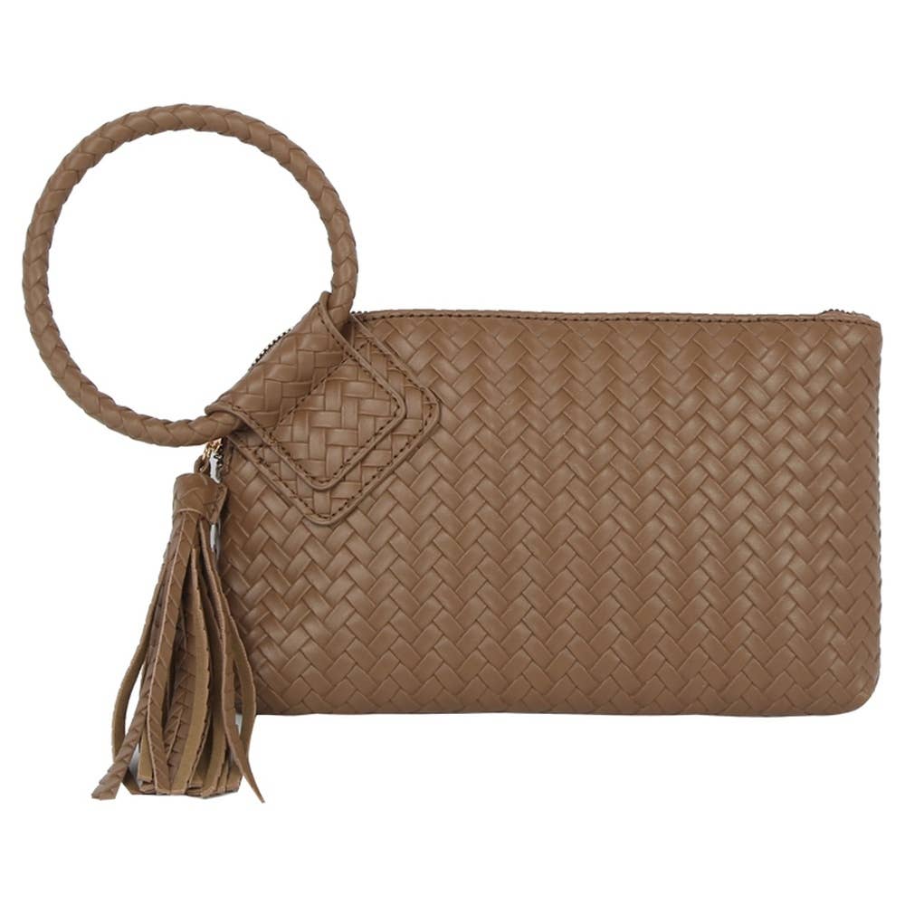 Faux Leather Woven Fringe Cuff Handle Clutch Bag: LST
