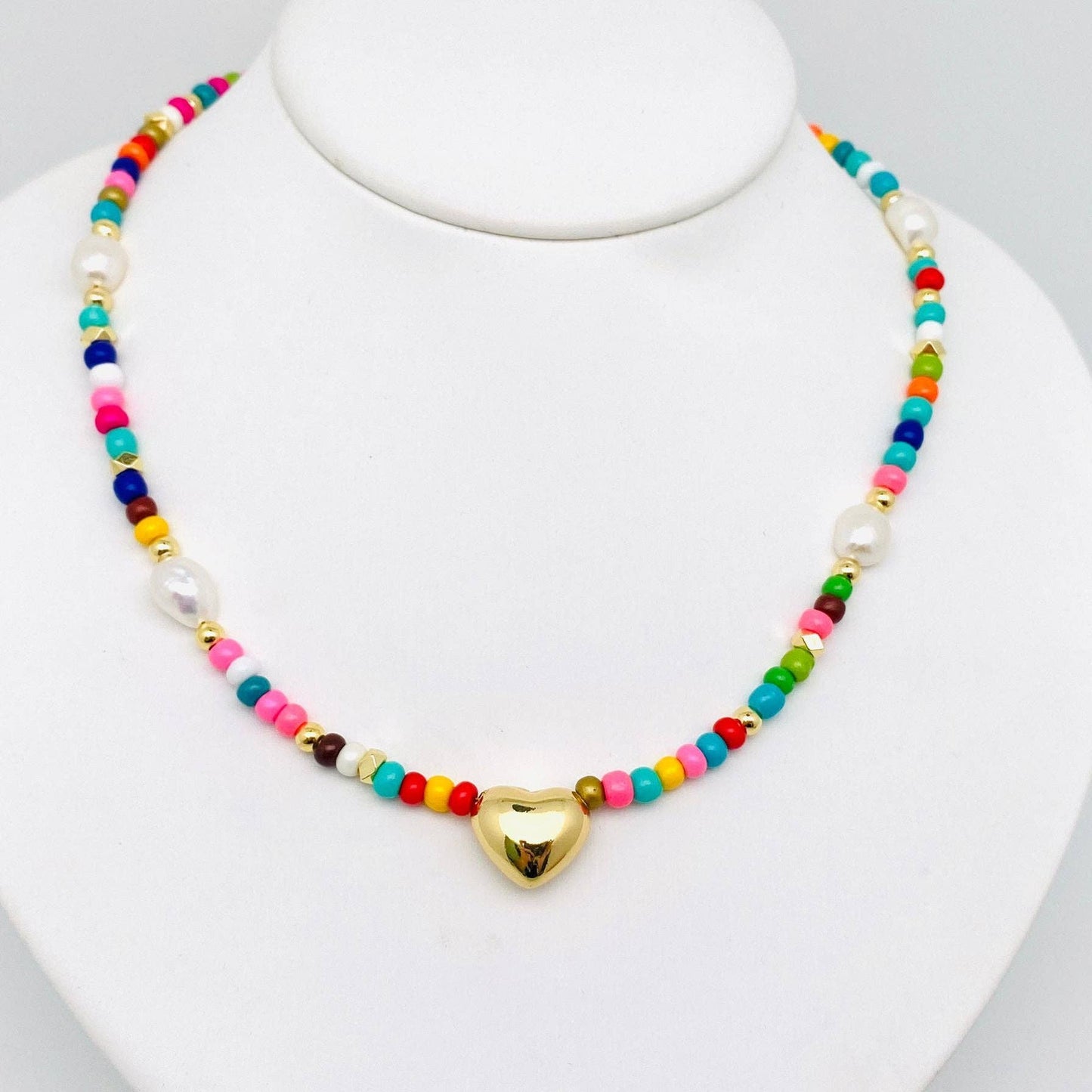 Golden Heart Charm Bohemian Glass Pearl Beaded Necklace