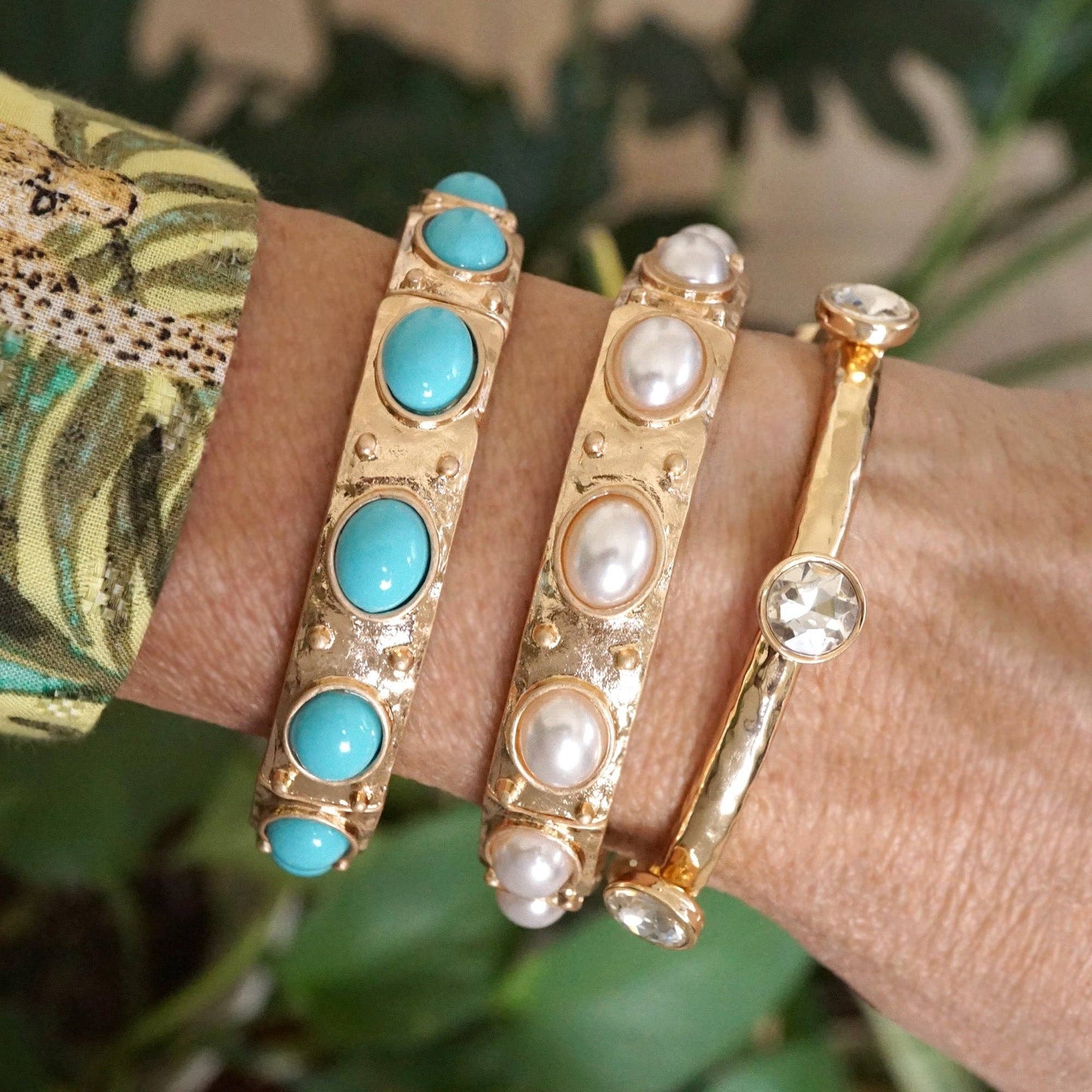 Classic Golden Stretchy Bangles – Pearl or Turquoise Accents: Turquoise