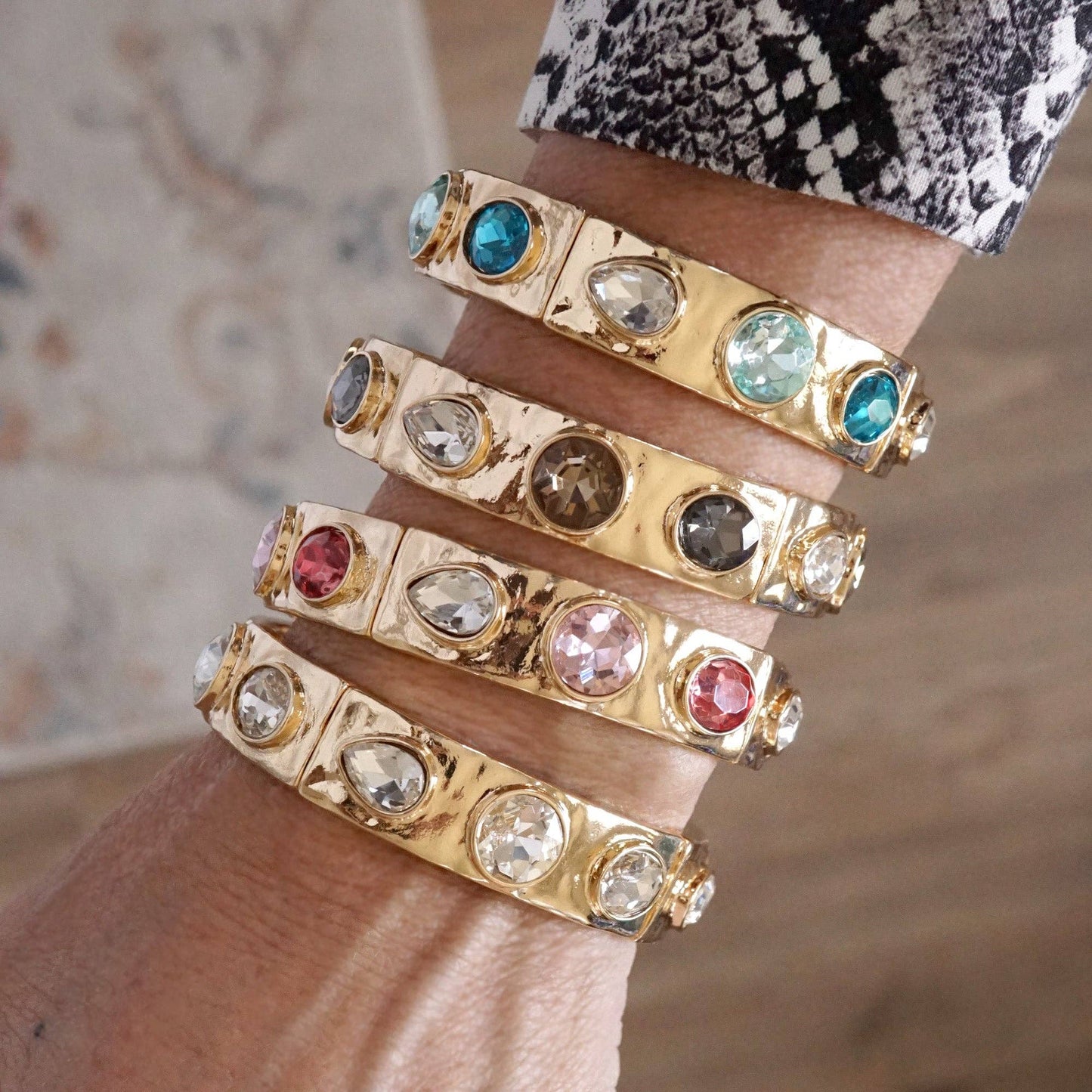 Sparkly Crystal Stretch Bangles – Gold Tone with Color Options: Neutrals