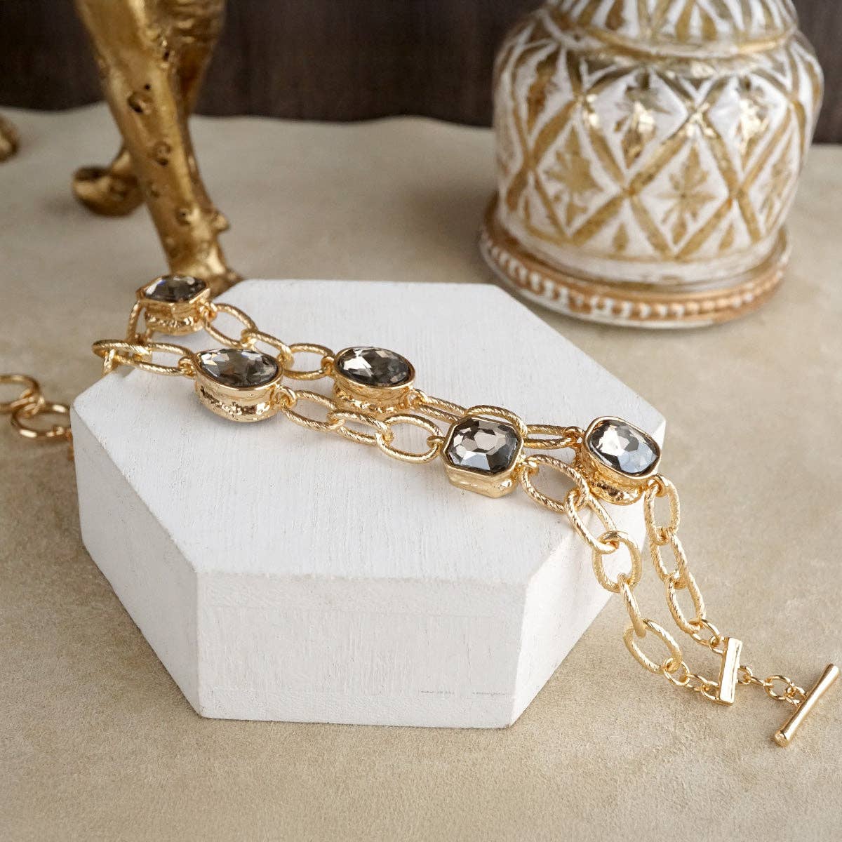 Brilliant Bond – Statement Chain Bracelets with Reflective Crystals: Double strand - Gray crystals