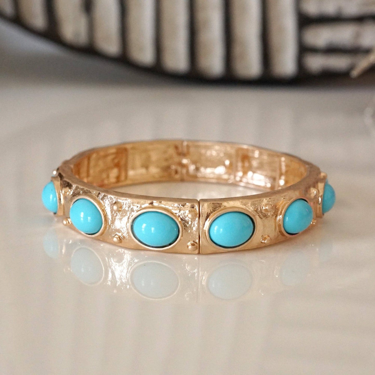 Classic Golden Stretchy Bangles – Pearl or Turquoise Accents: Turquoise