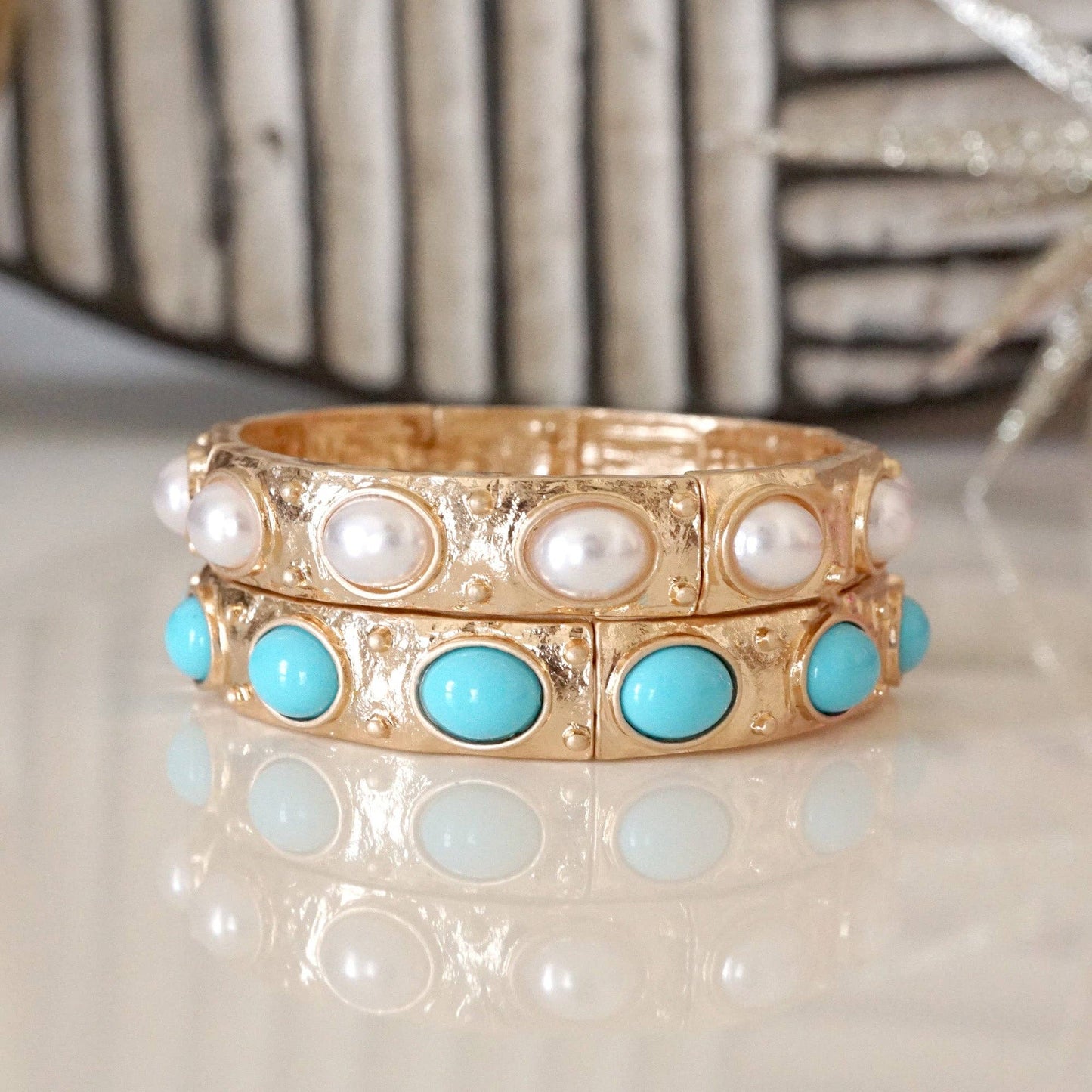 Classic Golden Stretchy Bangles – Pearl or Turquoise Accents: Turquoise