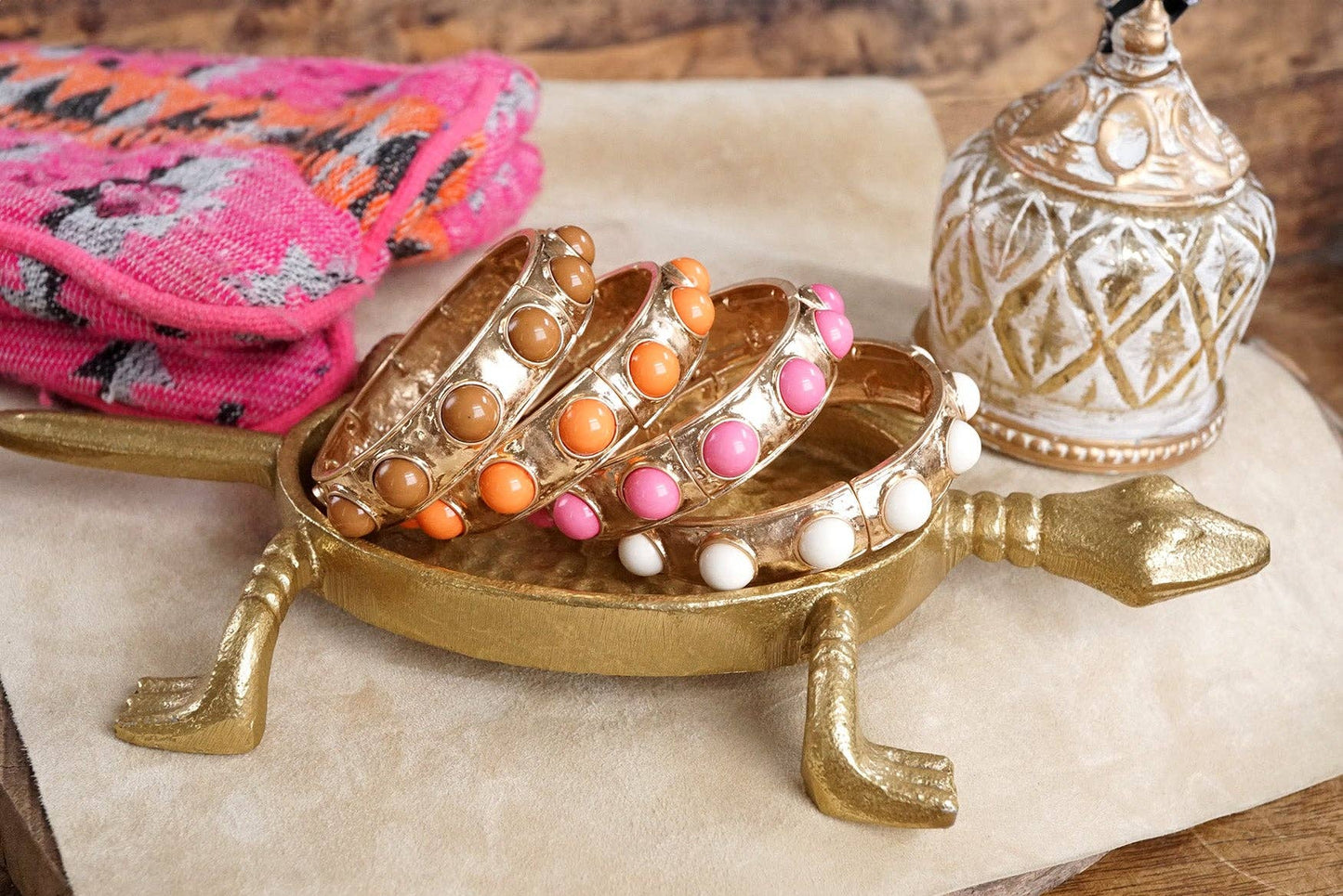 Eternity Statement Bangle Gold Tone Cream Orange Brown Pink Black Turquoise Pearl: Pearl