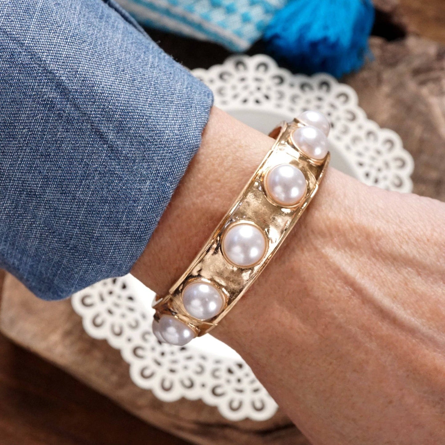 Eternity Statement Bangle Gold Tone Cream Orange Brown Pink Black Turquoise Pearl: Pearl