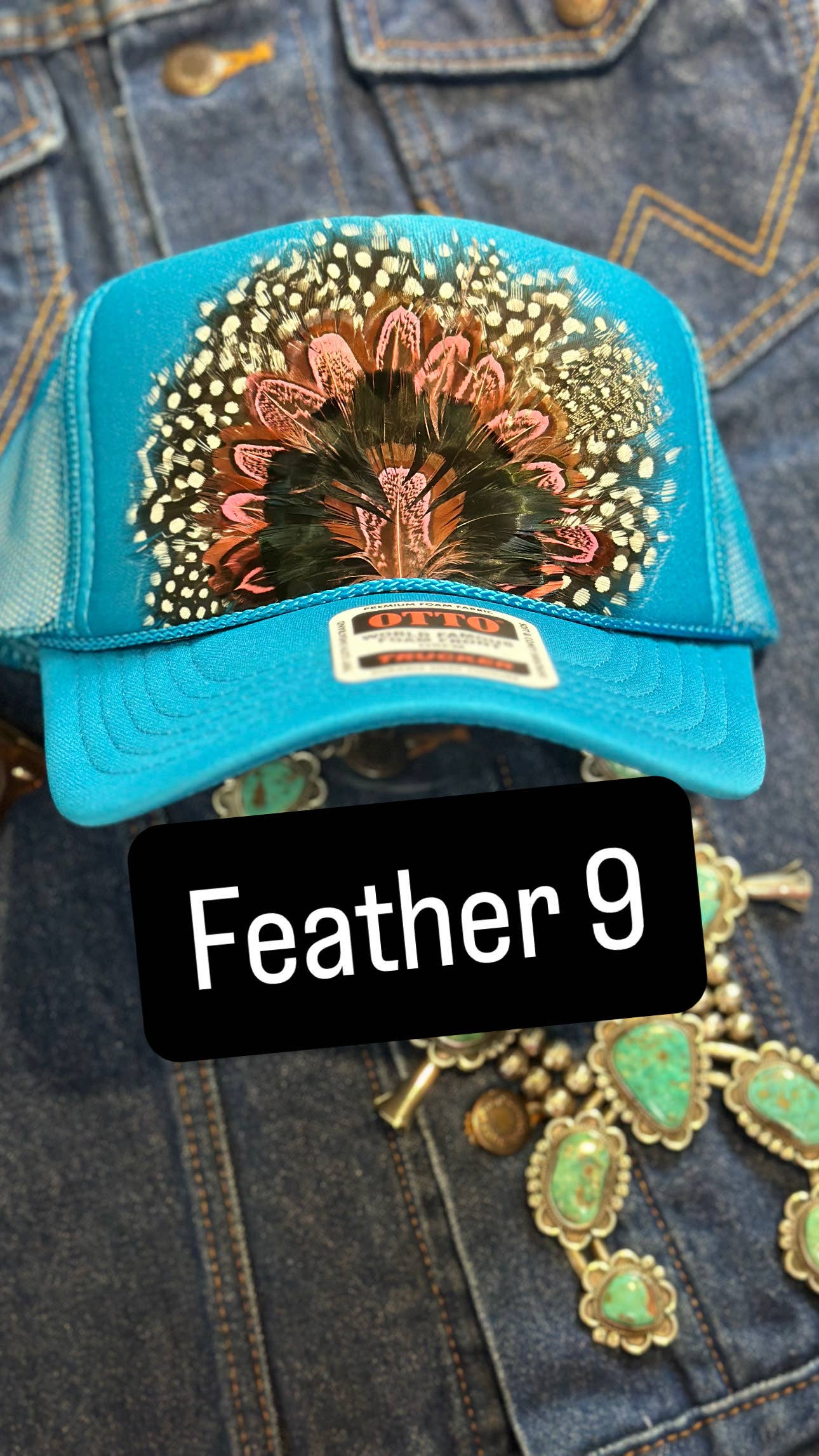 BLUE FEATHER TRUCKER HAT: No Faux Turquoise / Feather 1