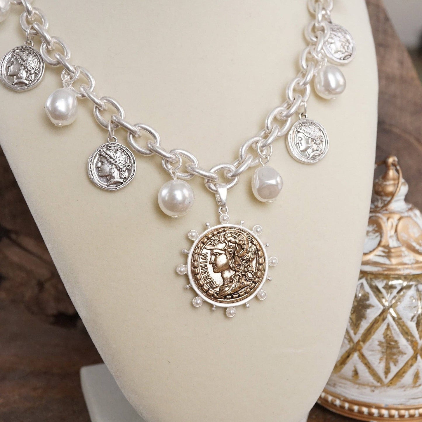 Boho Coin and Pearl Charms Statement Necklace – Gold and Silver Tone: Silver