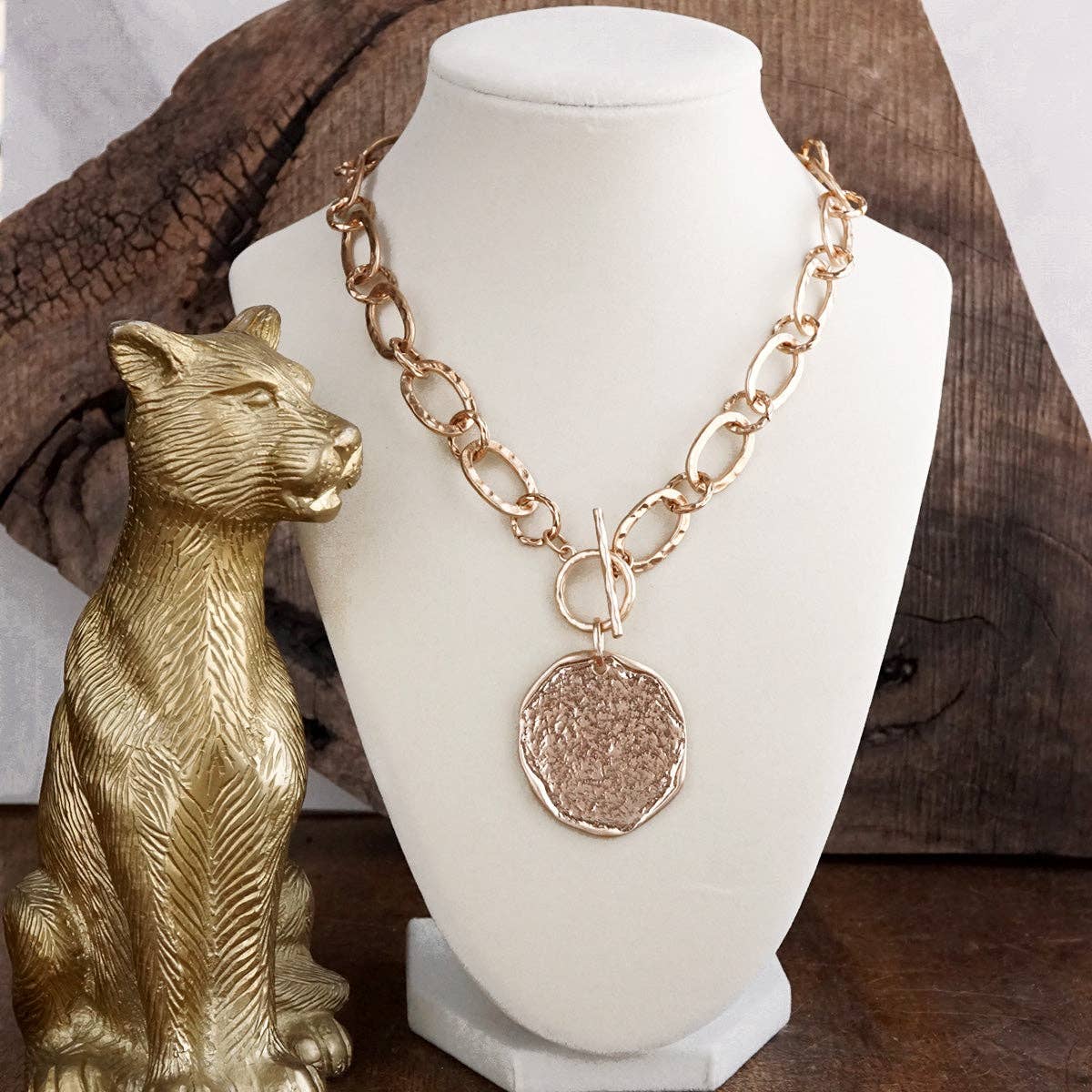 Nomad Glow – Front Toggle Statement Necklace with Hammered Disc: Worn Silver Tone