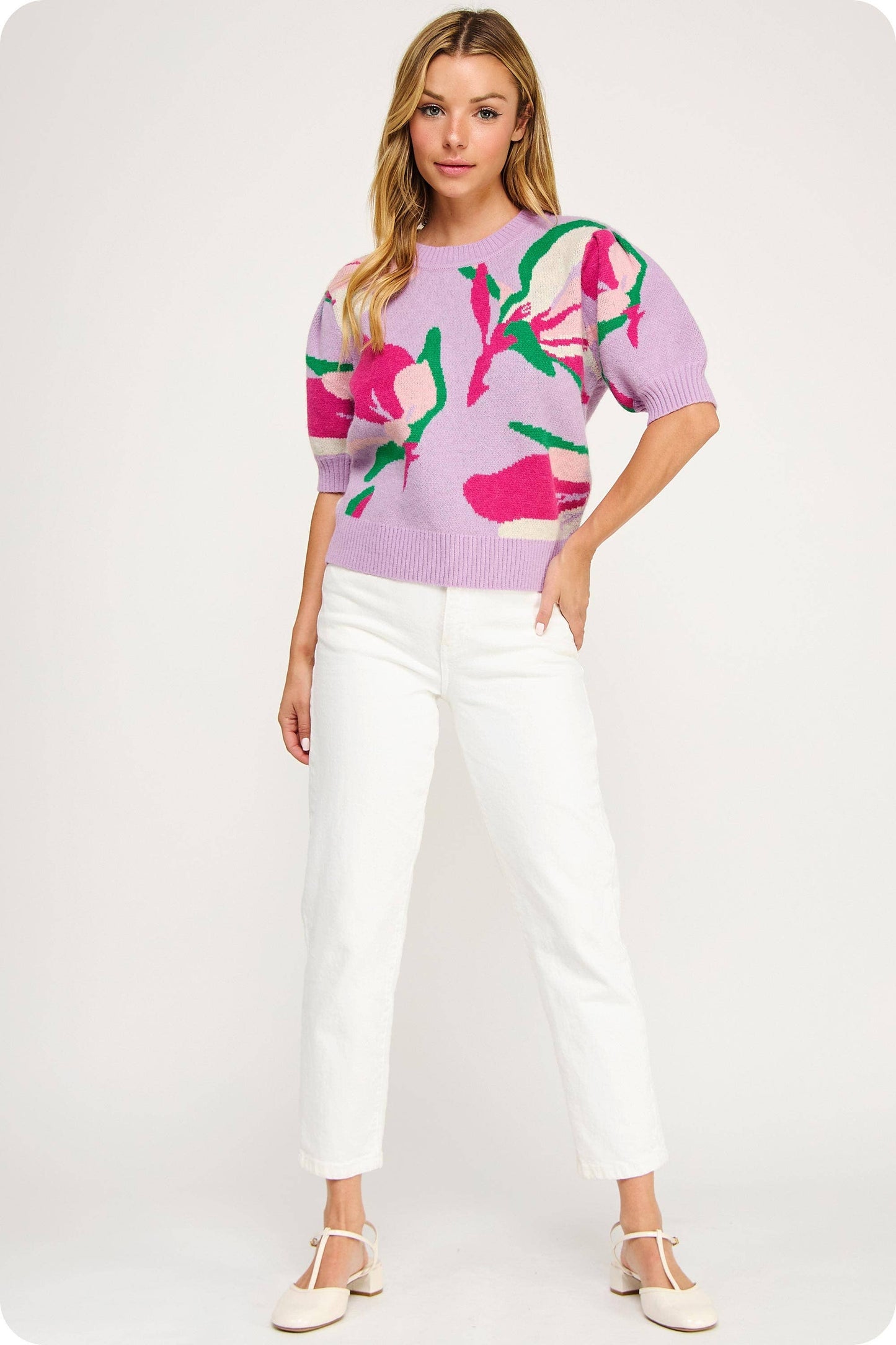 Floral Pattern Short Sleeve Knit Top: Spicy Orange Multi / S