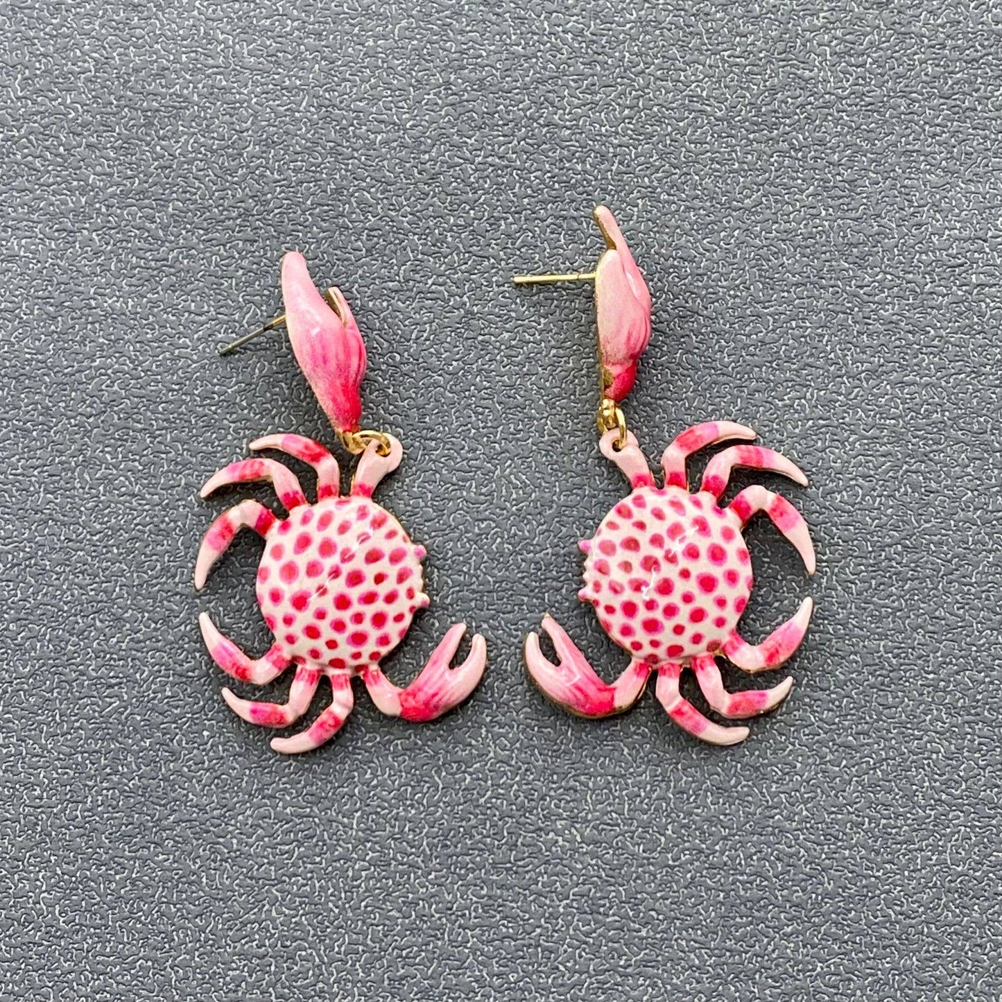 Pink Enamel Crab Charm Post Earrings