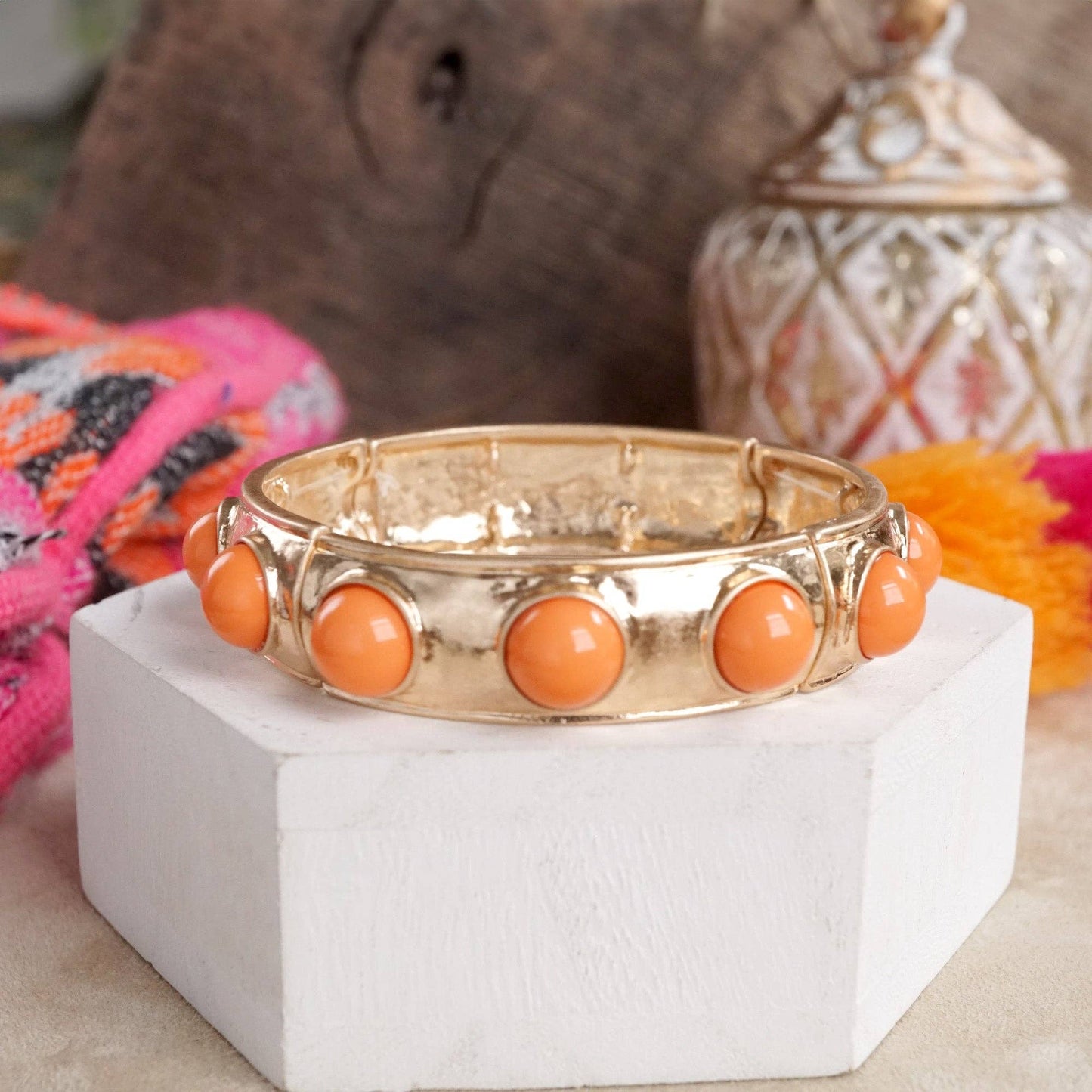 Eternity Statement Bangle Gold Tone Cream Orange Brown Pink Black Turquoise Pearl: Pearl