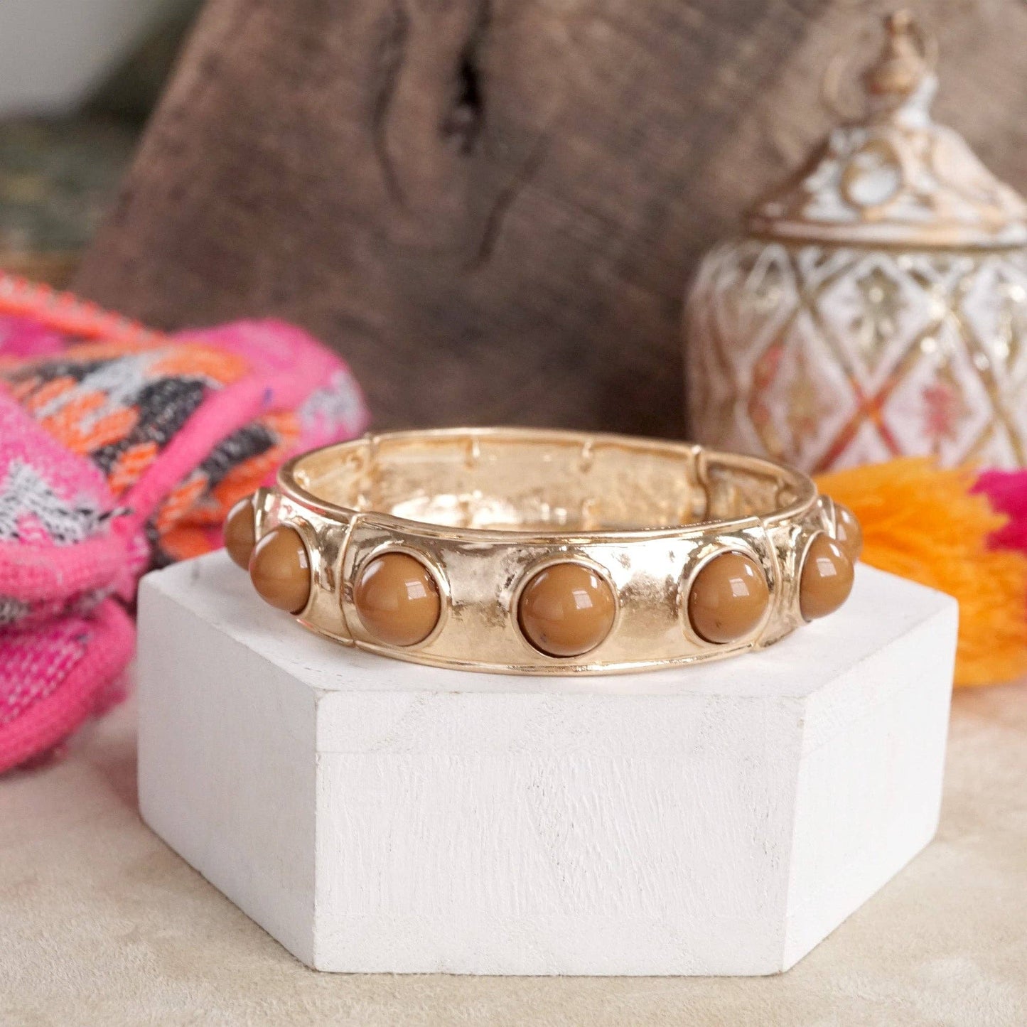 Eternity Statement Bangle Gold Tone Cream Orange Brown Pink Black Turquoise Pearl: Pearl