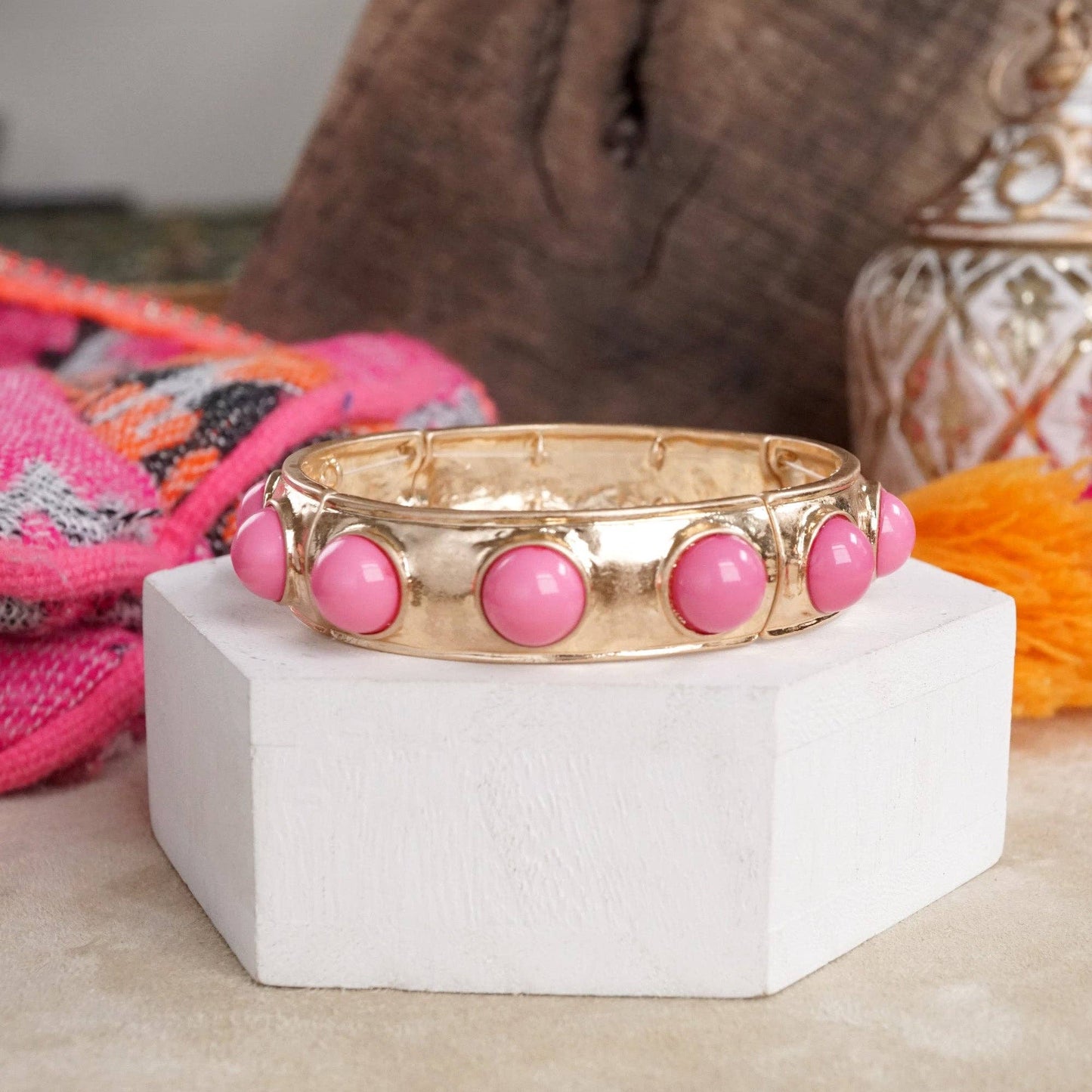 Eternity Statement Bangle Gold Tone Cream Orange Brown Pink Black Turquoise Pearl: Pearl