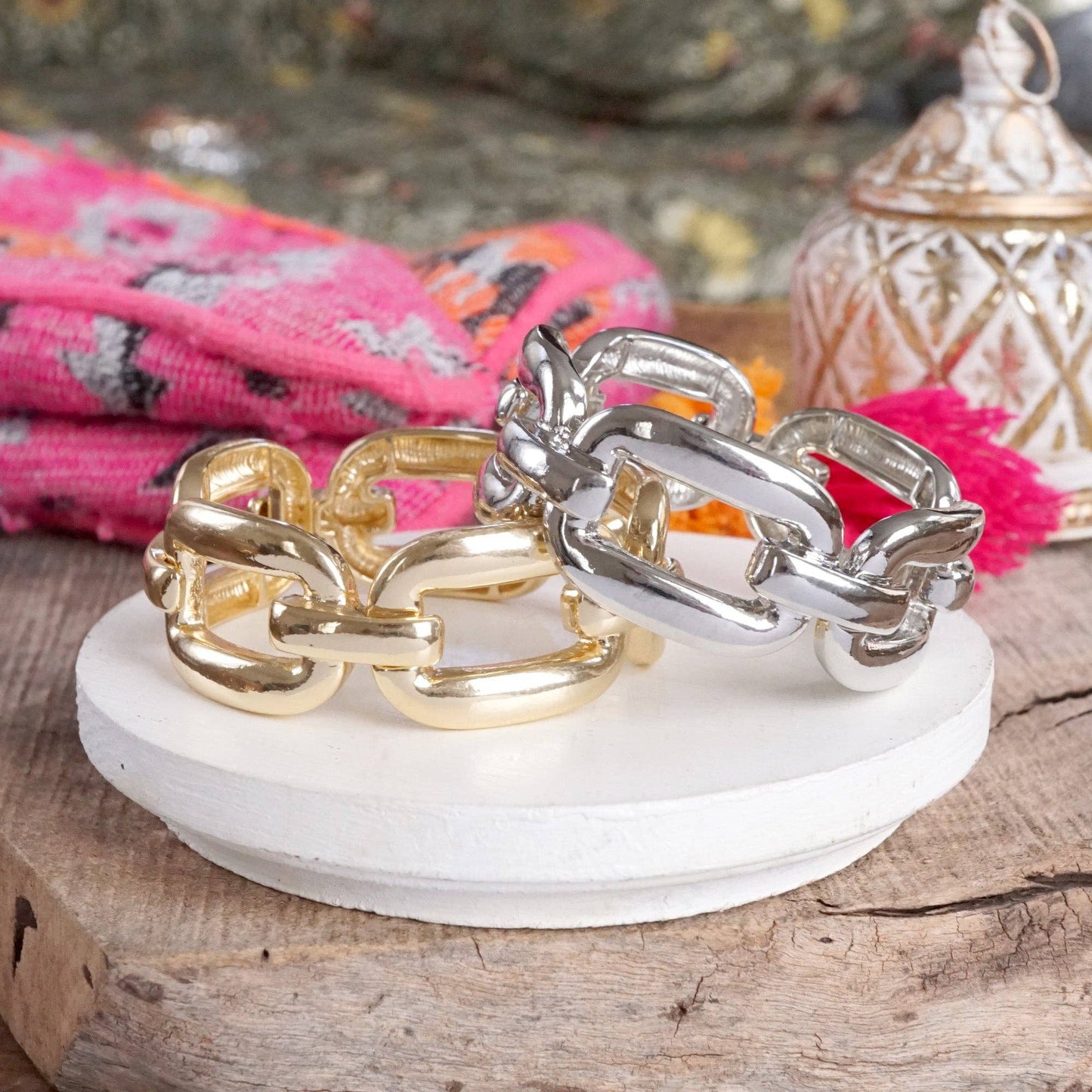 Chunky Chain Statement Stretchy Bangle Bracelet in gold or silver tone: Gold Tone