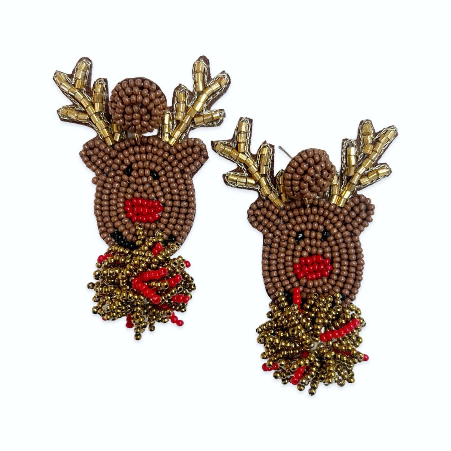 Rudolf Beaded Pom Earrings| Christmas Earrings| Holiday Earrings