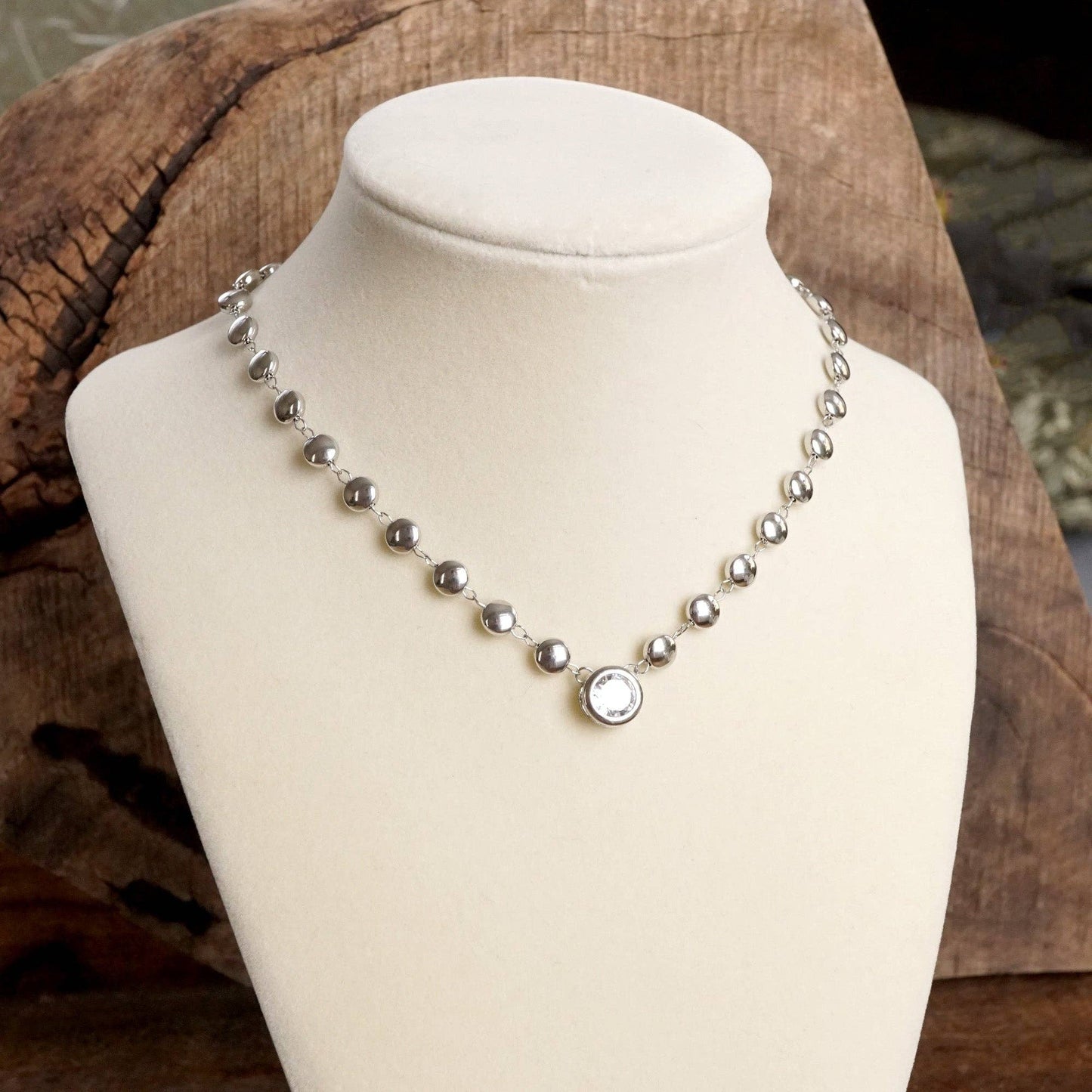 Clear Crystal Bezel Pendant Dot Chain Neckline Necklace: Silver Tone