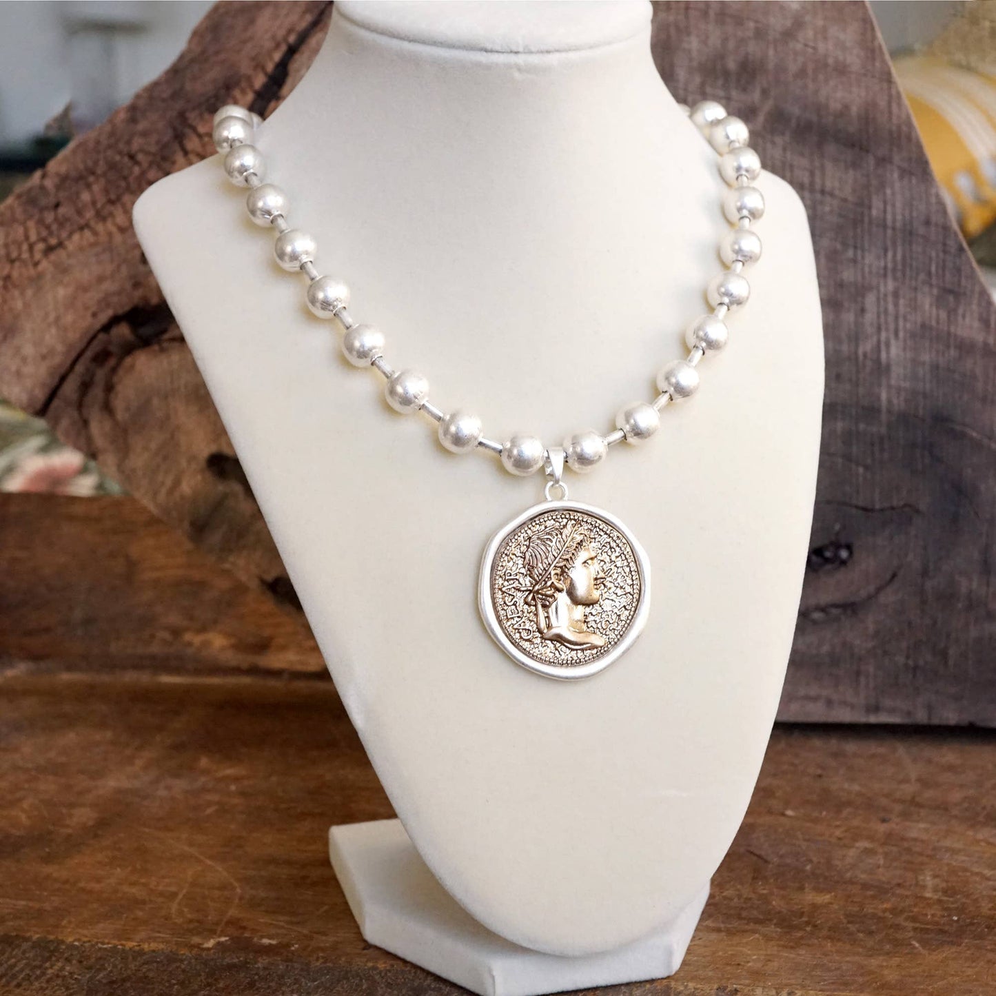 Coin Chunky Ball Chain Statement Necklace – Gold and Silver Tone: Gold