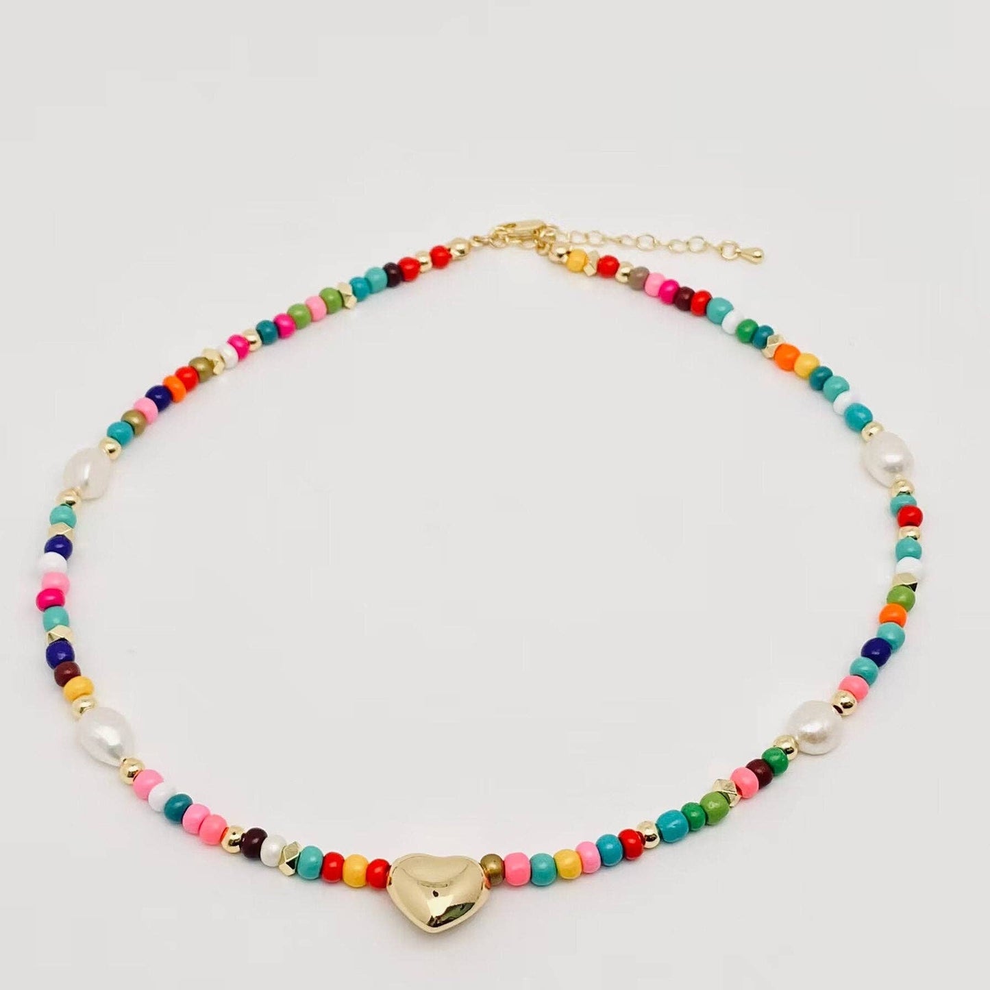 Golden Heart Charm Bohemian Glass Pearl Beaded Necklace