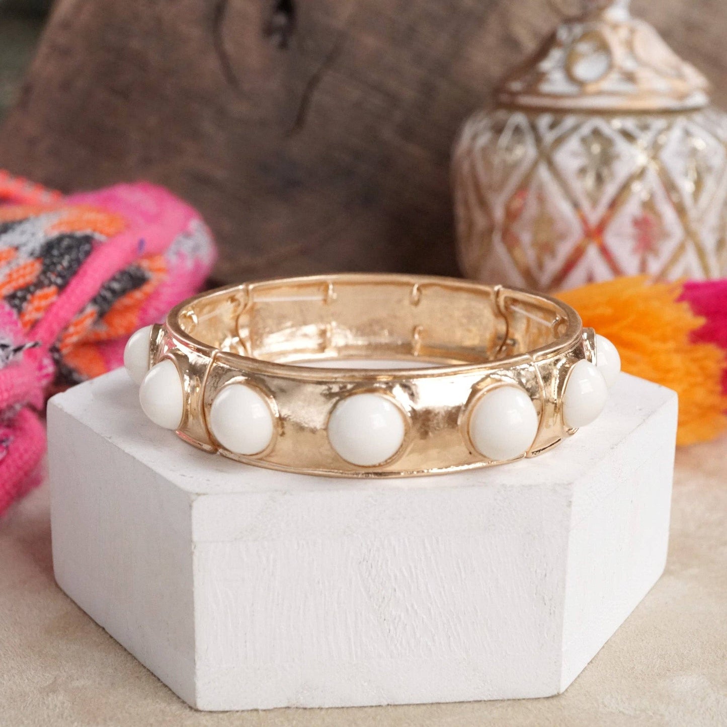 Eternity Statement Bangle Gold Tone Cream Orange Brown Pink Black Turquoise Pearl: Pearl
