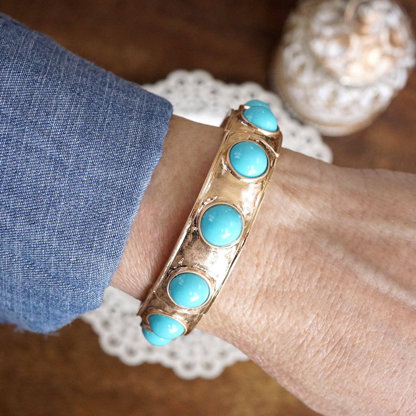 Eternity Statement Bangle Gold Tone Cream Orange Brown Pink Black Turquoise Pearl: Pearl