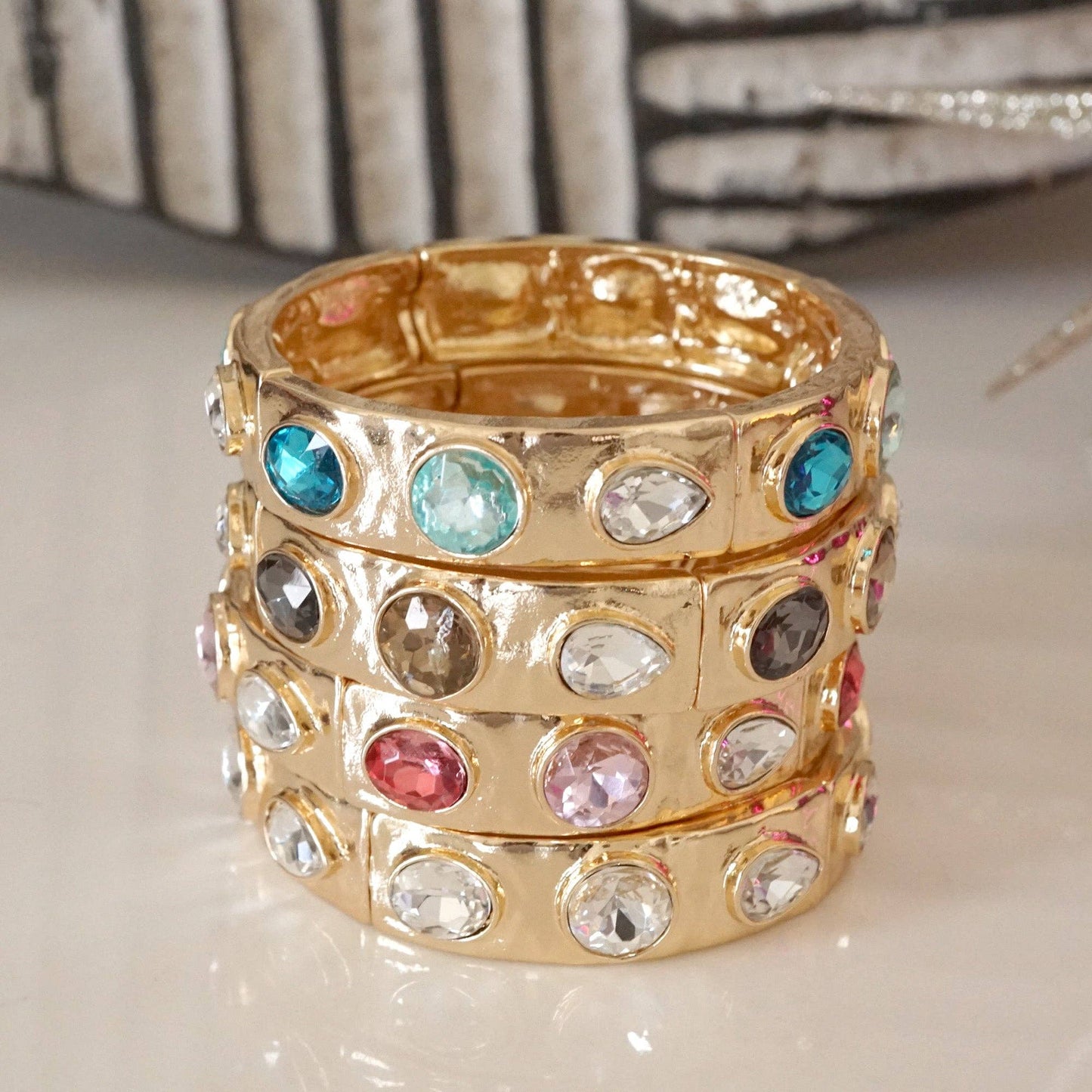 Sparkly Crystal Stretch Bangles – Gold Tone with Color Options: Neutrals