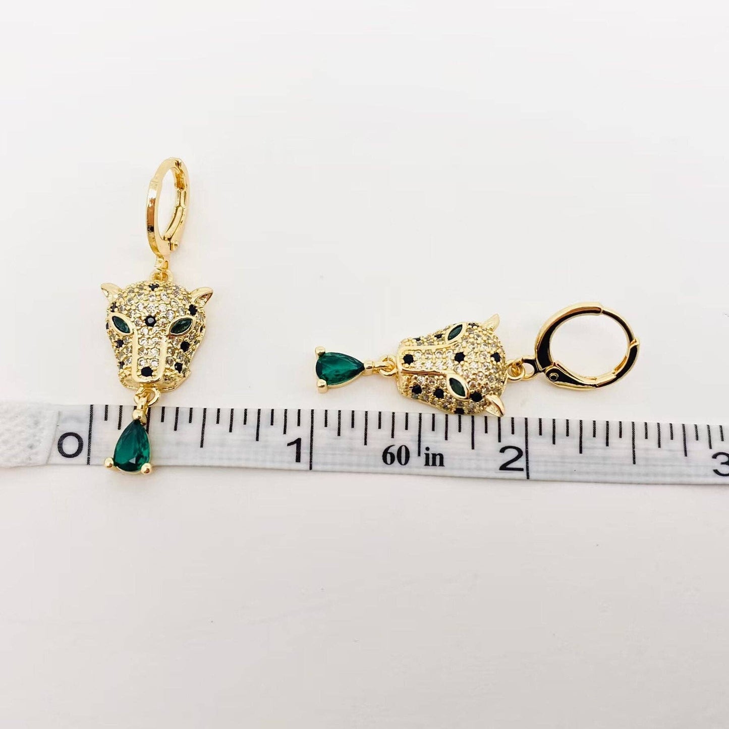 Green Eye Cubic Zirconia Gold Leopard Head Huggie Earrings